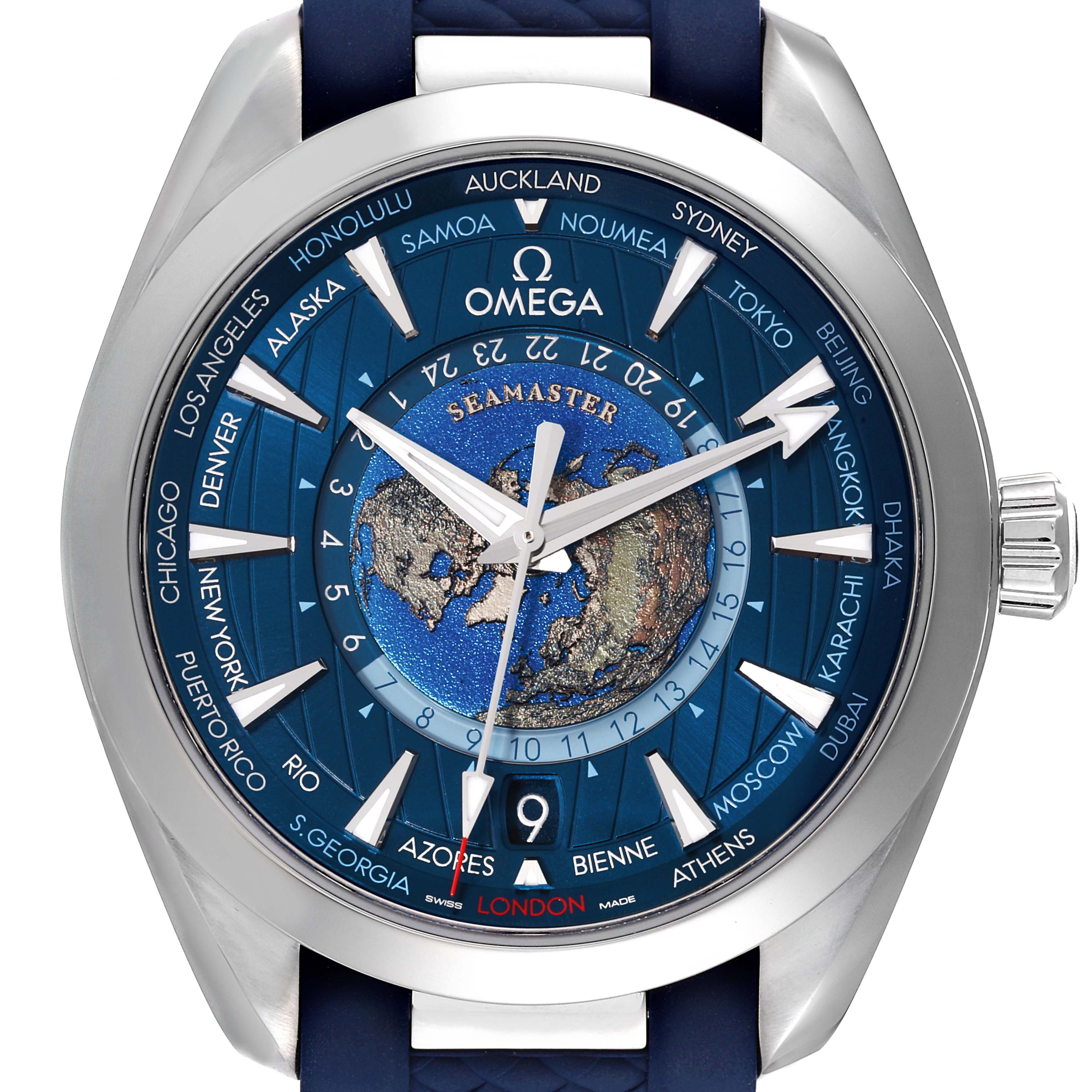 The Omega Aqua Terra 220.12.43.22.03.001 Men's Stainless Steel Blue Dial 220.12.43.22.03.001 Men's Stainless Steel Blue Dial watch is shown in a front view, displaying its dial, hands, bezel, crown, and part of the strap.