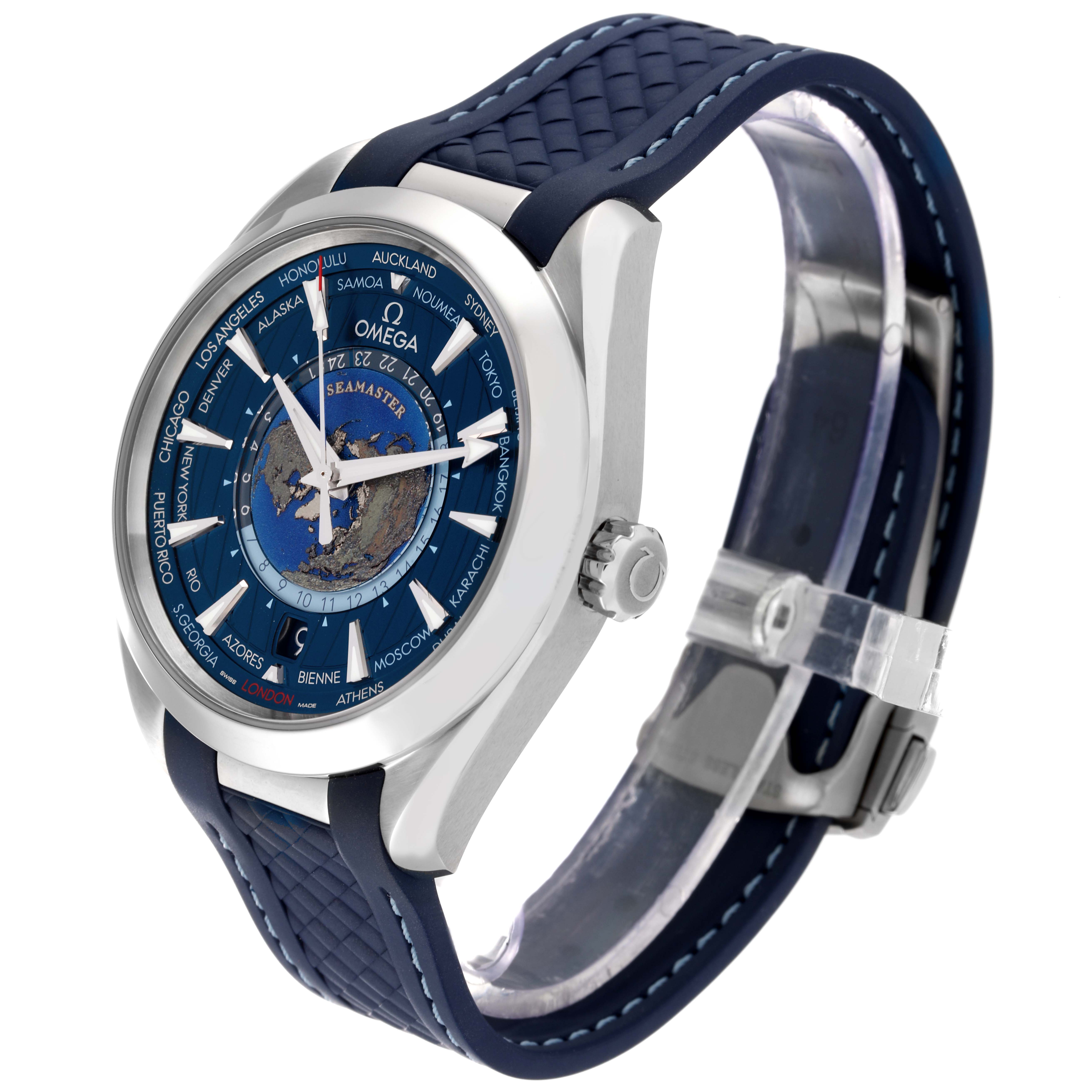 The image shows a side profile of the Omega Aqua Terra 220.12.43.22.03.001 Men's Stainless Steel Blue Dial 220.12.43.22.03.001 Men's Stainless Steel Blue Dial watch, highlighting its face, bezel, crown, and strap.