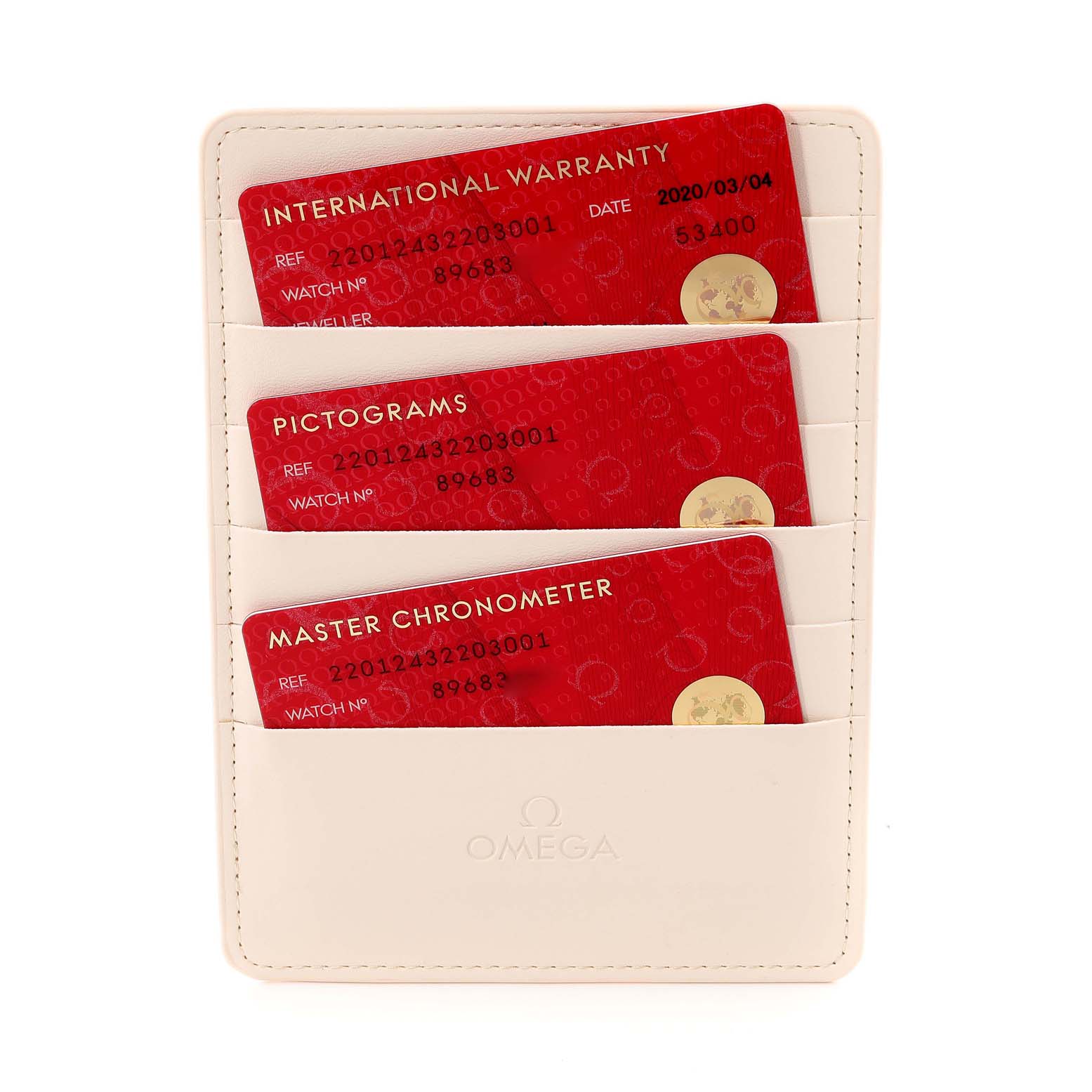 The image shows an Omega Aqua Terra 220.12.43.22.03.001 Men's Stainless Steel Blue Dial 220.12.43.22.03.001 Men's Stainless Steel Blue Dial watch's warranty and certification cards in a holder.