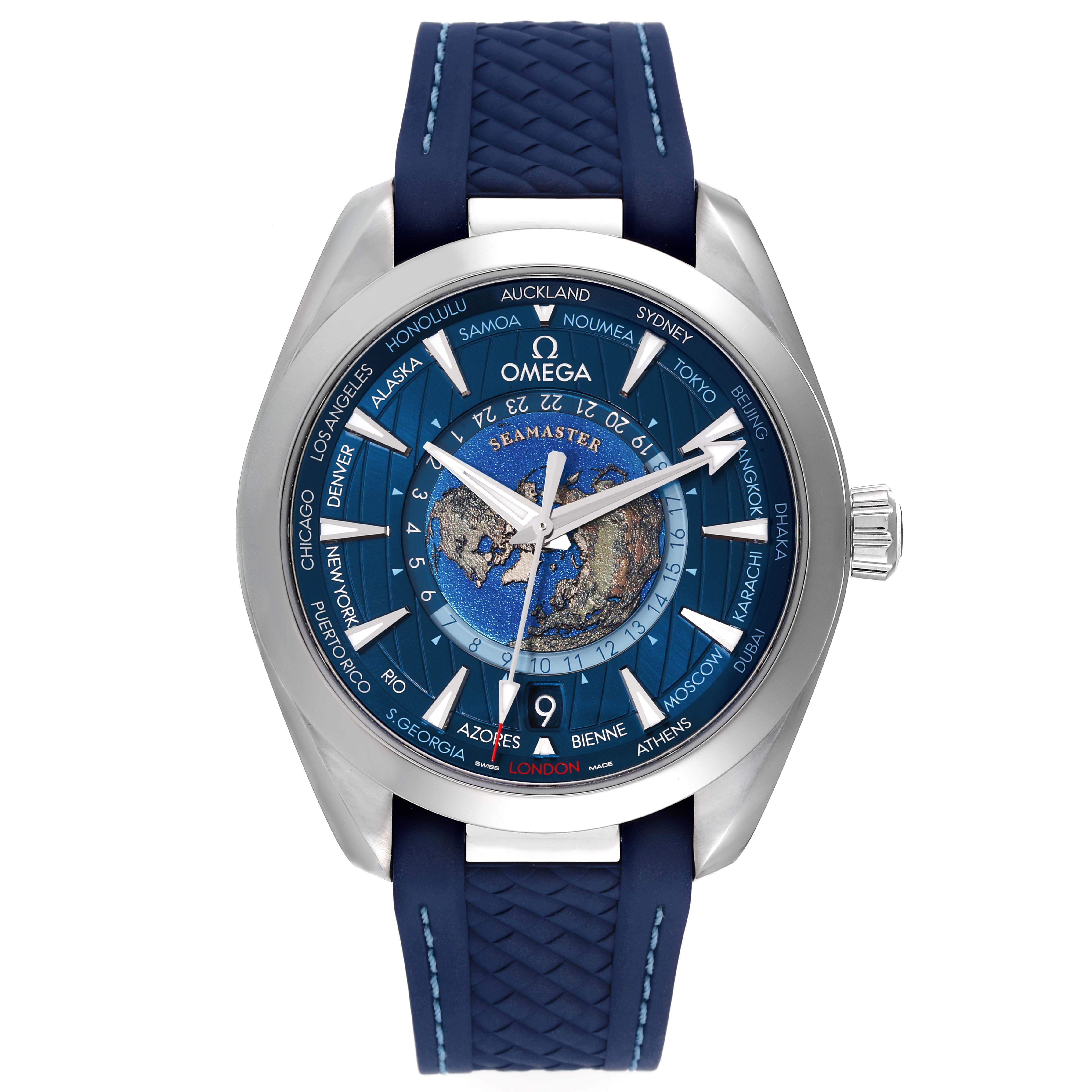 The image shows a front view of the Omega Aqua Terra 220.12.43.22.03.001 Men's Stainless Steel Blue Dial 220.12.43.22.03.001 Men's Stainless Steel Blue Dial watch, displaying its face, bezel, and blue strap.