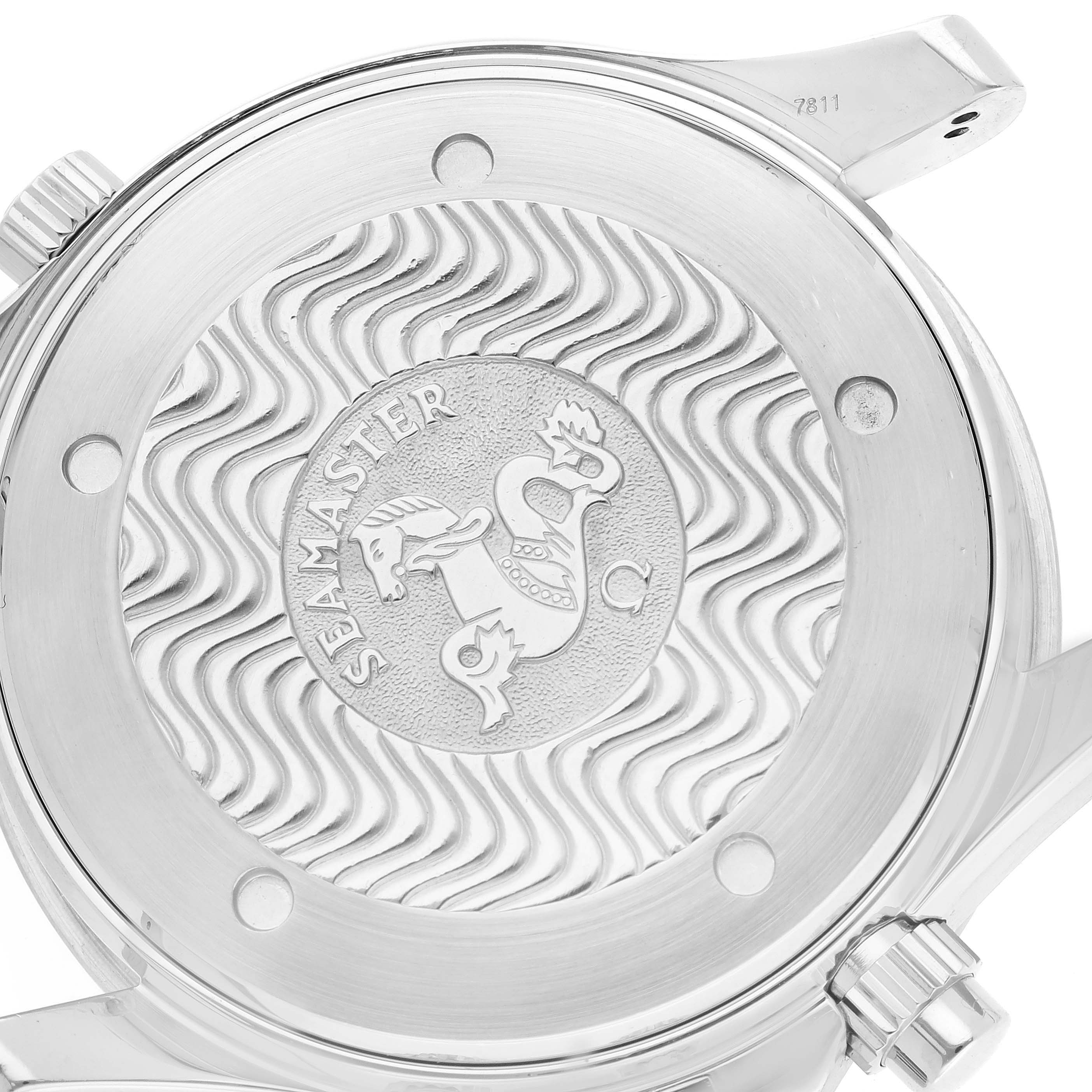 This image shows the back case of an Omega Seamaster 2594.52.00 Men
s Stainless Steel Black Dial 2594.52.00 Men
s Stainless Steel Black Dial watch, featuring the engraved logo and wave pattern.