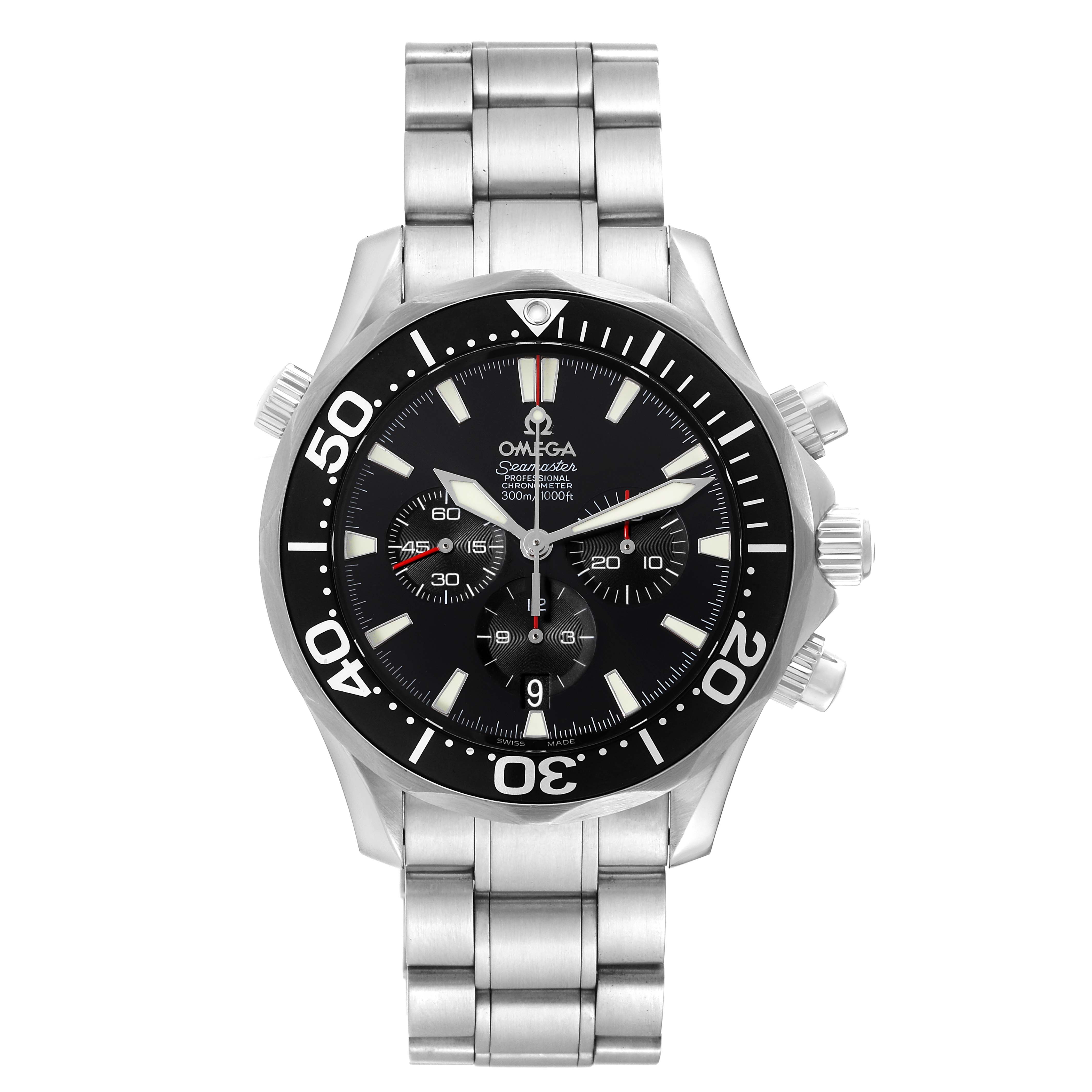 This image shows a front view of the Omega Seamaster 2594.52.00 Men
s Stainless Steel Black Dial 2594.52.00 Men
s Stainless Steel Black Dial watch, showcasing its dial, bezel, chronograph sub-dials, and metal bracelet.