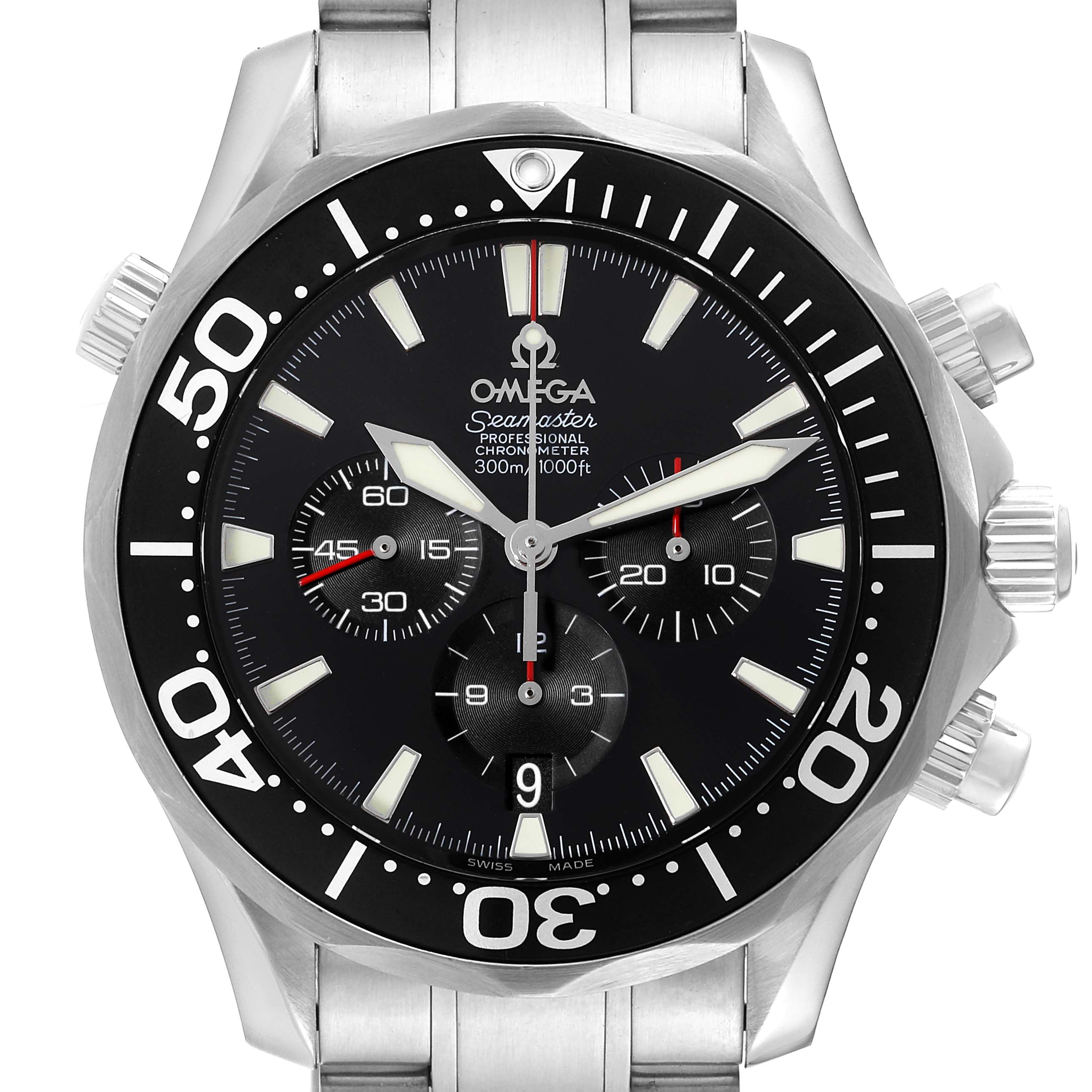 The image shows a front view of an Omega Seamaster 2594.52.00 Men
s Stainless Steel Black Dial 2594.52.00 Men
s Stainless Steel Black Dial watch, highlighting its black dial, bezel, and metal bracelet.
