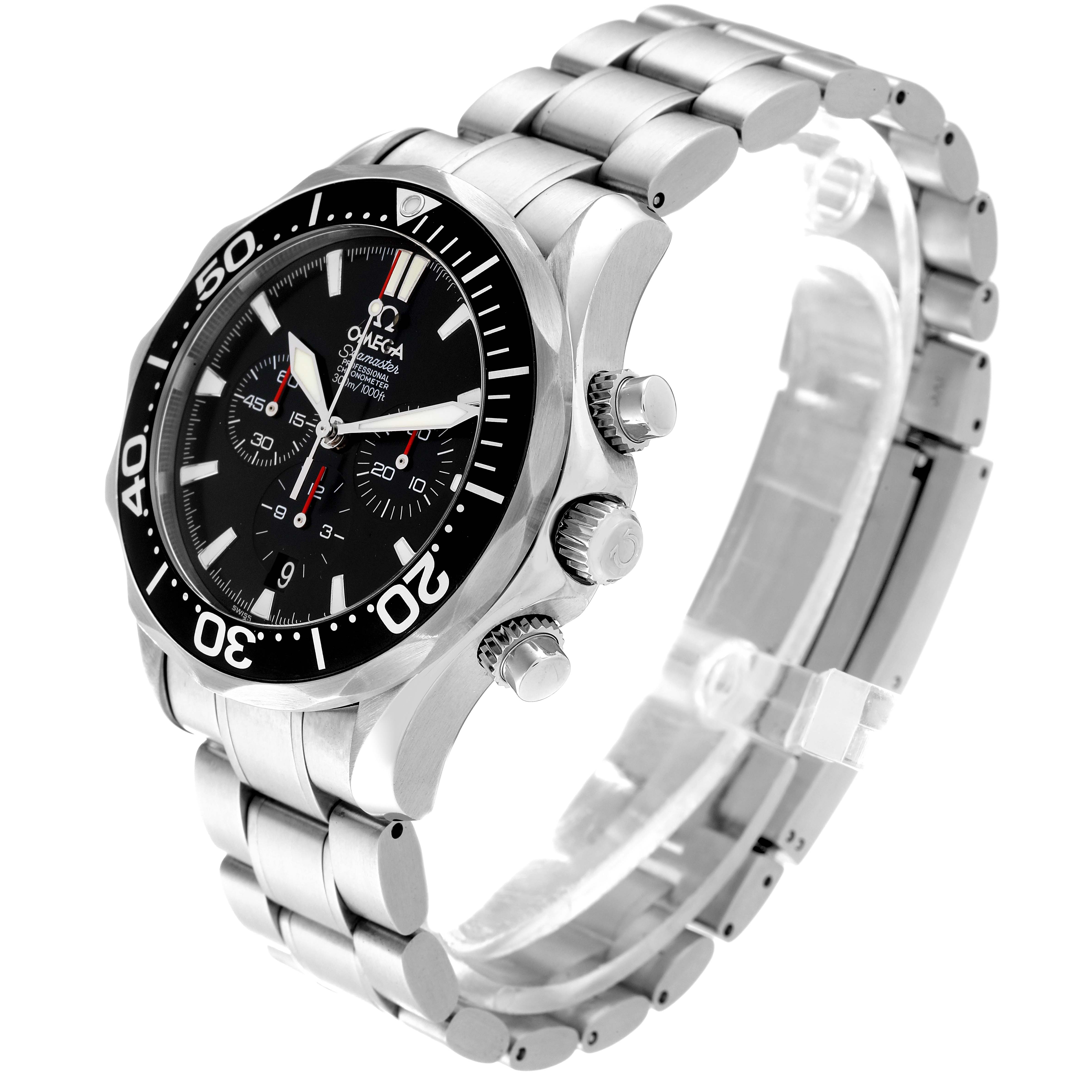 The image shows an angled view of an Omega Seamaster 2594.52.00 Men
s Stainless Steel Black Dial 2594.52.00 Men
s Stainless Steel Black Dial watch, highlighting the bezel, dial, crown, and stainless steel bracelet.