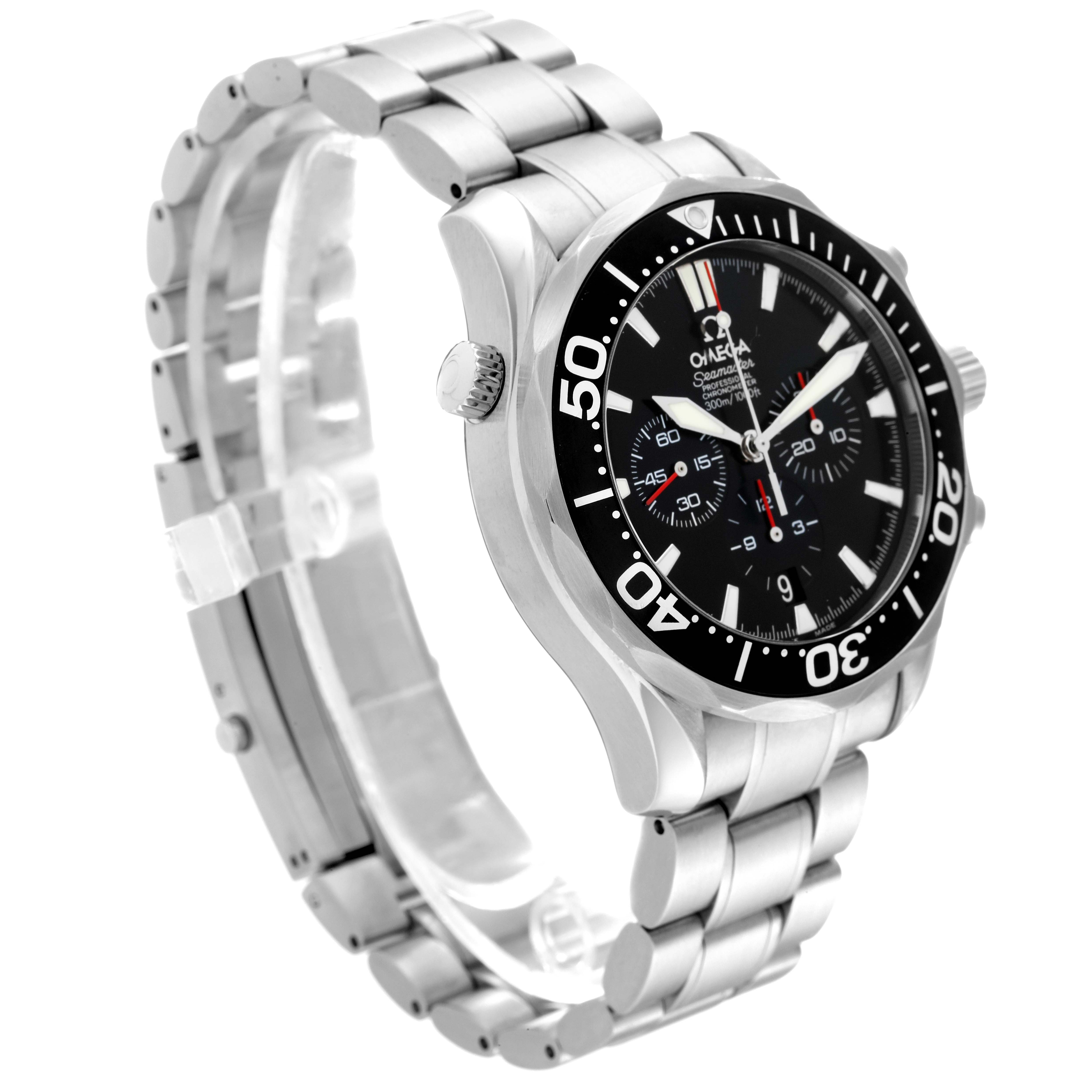 The image shows a side angle of the Omega Seamaster 2594.52.00 Men
s Stainless Steel Black Dial 2594.52.00 Men
s Stainless Steel Black Dial watch, highlighting the bracelet, bezel, crown, and dial.