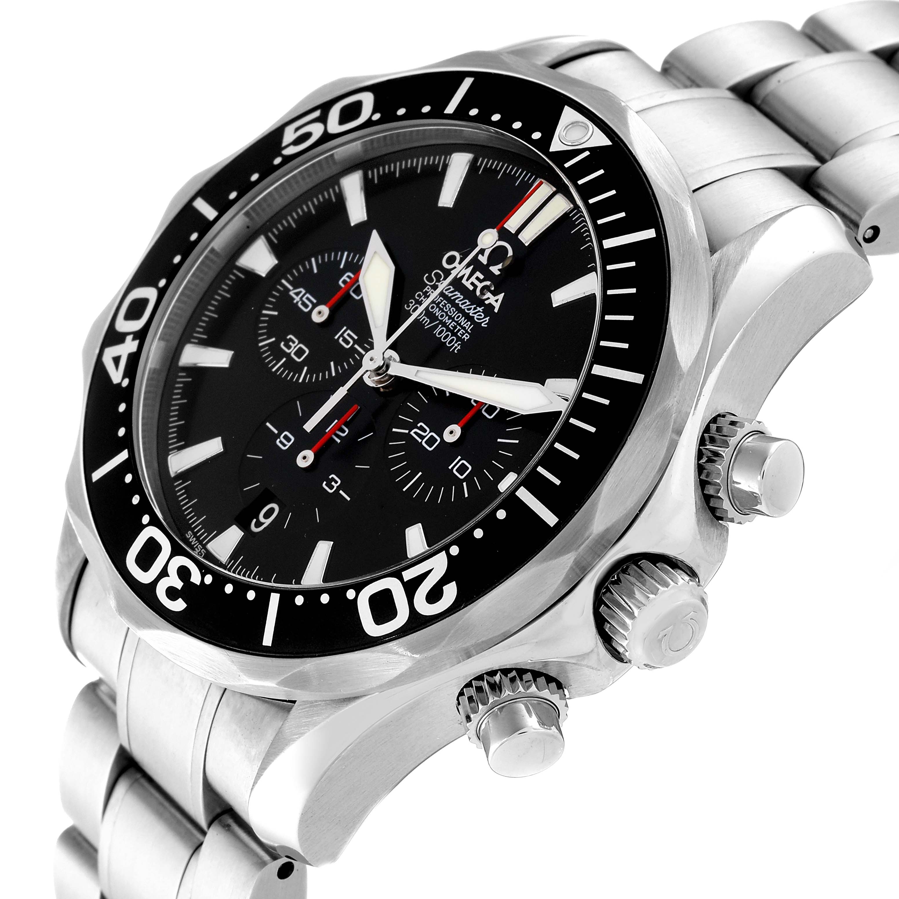The Omega Seamaster 2594.52.00 Men
s Stainless Steel Black Dial 2594.52.00 Men
s Stainless Steel Black Dial watch is shown at a front-side angle, highlighting its bezel, dial, subdials, and crown.