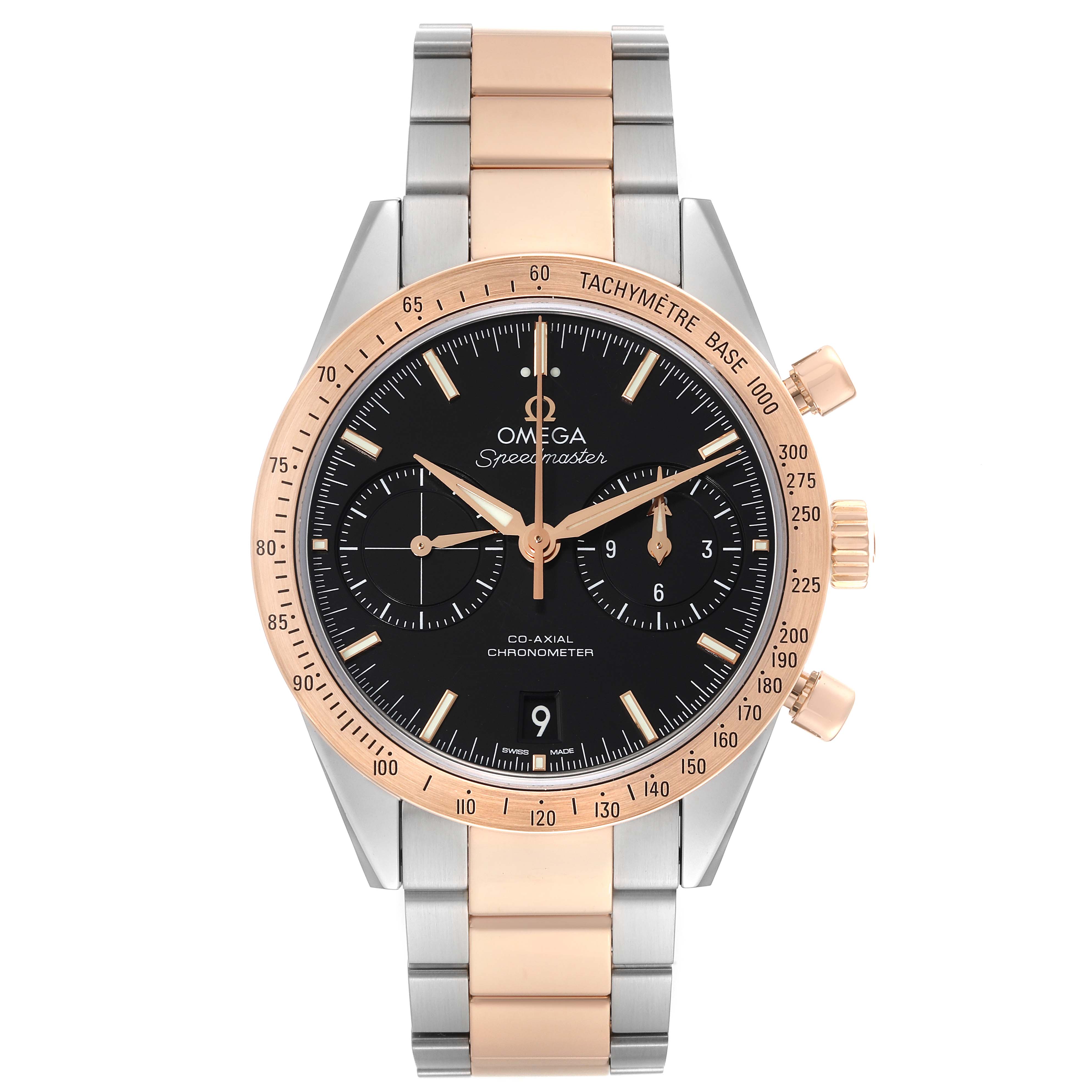 This Omega Speedmaster 331.20.42.51.01.002 Men's Steel and Gold (two tone) Black Dial 331.20.42.51.01.002 Men's Steel and Gold (two tone) Black Dial watch is shown from the front, featuring its dial, tachymeter, and two-tone bracelet.