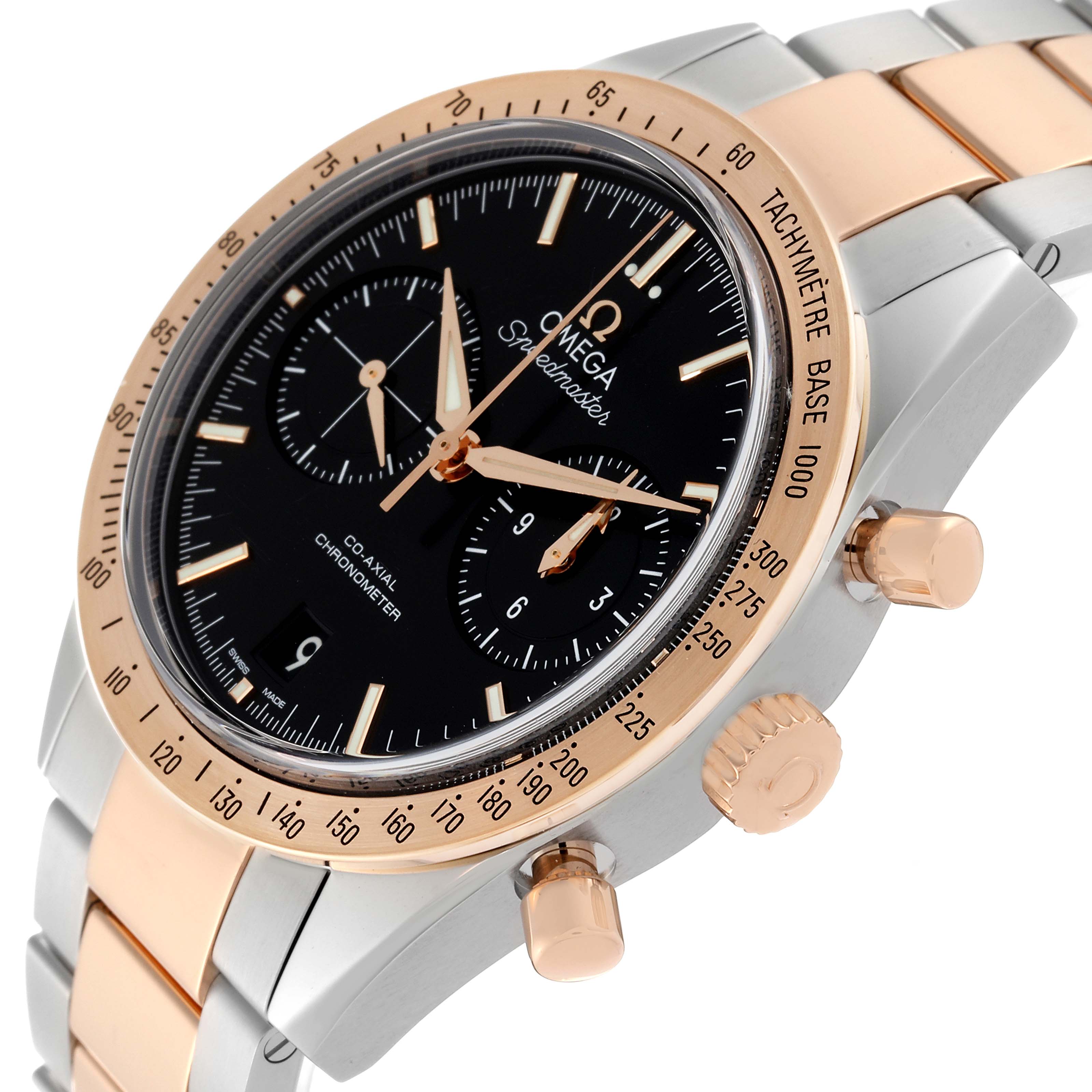 The image shows a close-up, angled view of the Omega Speedmaster 331.20.42.51.01.002 Men's Steel and Gold (two tone) Black Dial 331.20.42.51.01.002 Men's Steel and Gold (two tone) Black Dial's face, bezel, crown, and buttons, highlighting its black dial and two-tone bracelet.