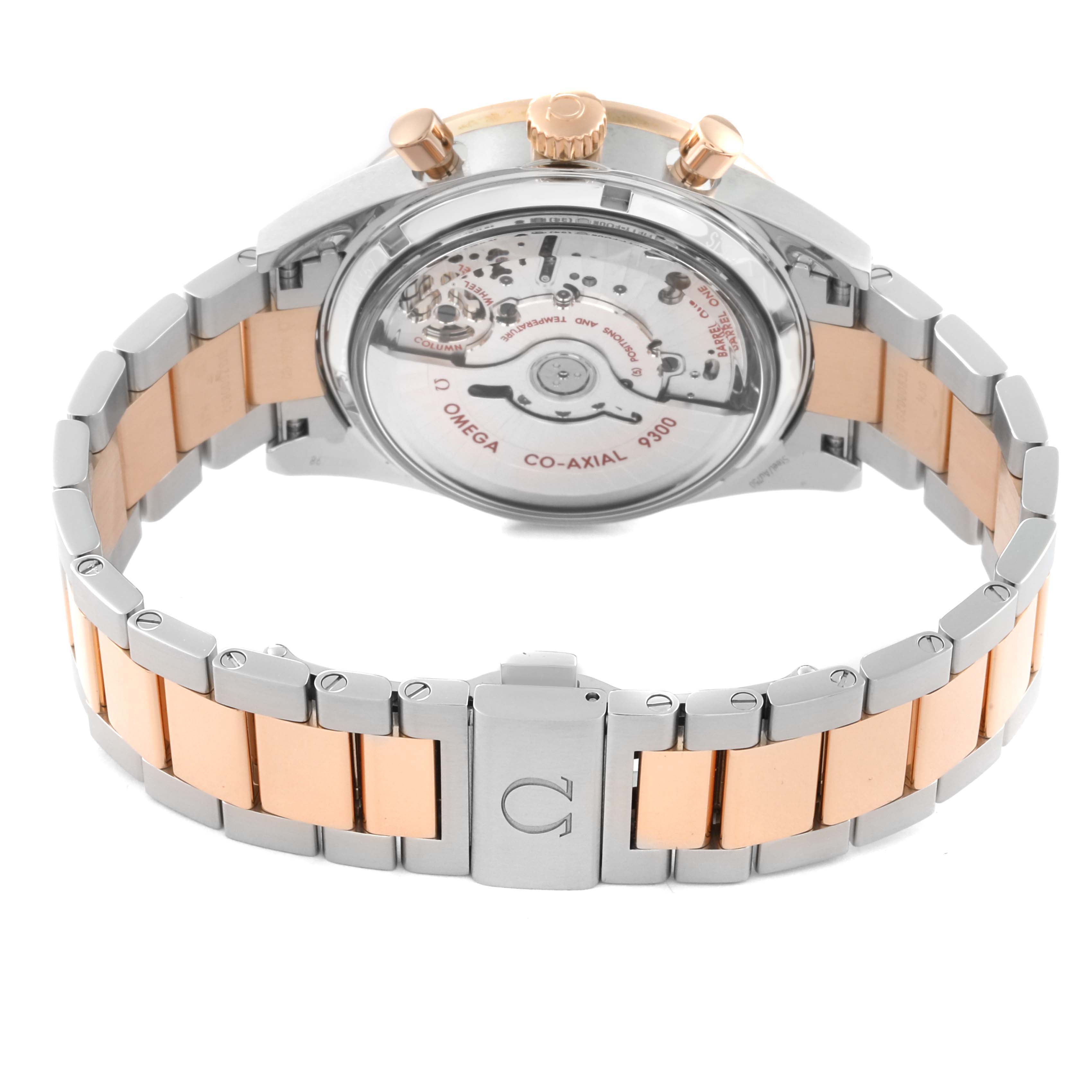 This image shows the back case and bracelet of an Omega Speedmaster 331.20.42.51.01.002 Men's Steel and Gold (two tone) Black Dial 331.20.42.51.01.002 Men's Steel and Gold (two tone) Black Dial, highlighting its movement and clasp.