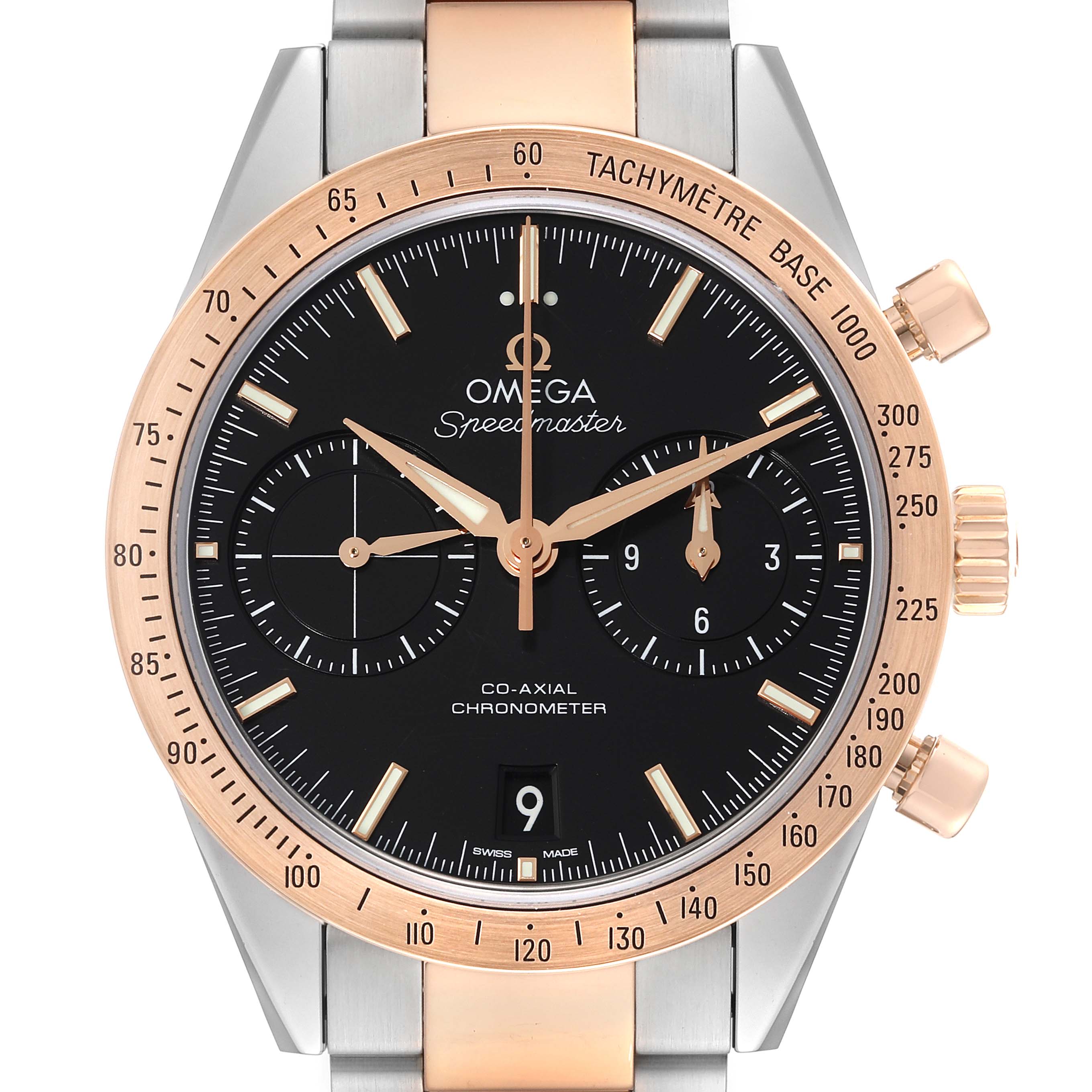The image shows a frontal view of the Omega Speedmaster 331.20.42.51.01.002 Men's Steel and Gold (two tone) Black Dial 331.20.42.51.01.002 Men's Steel and Gold (two tone) Black Dial watch face, highlighting the bezel, chronograph subdials, and date window.