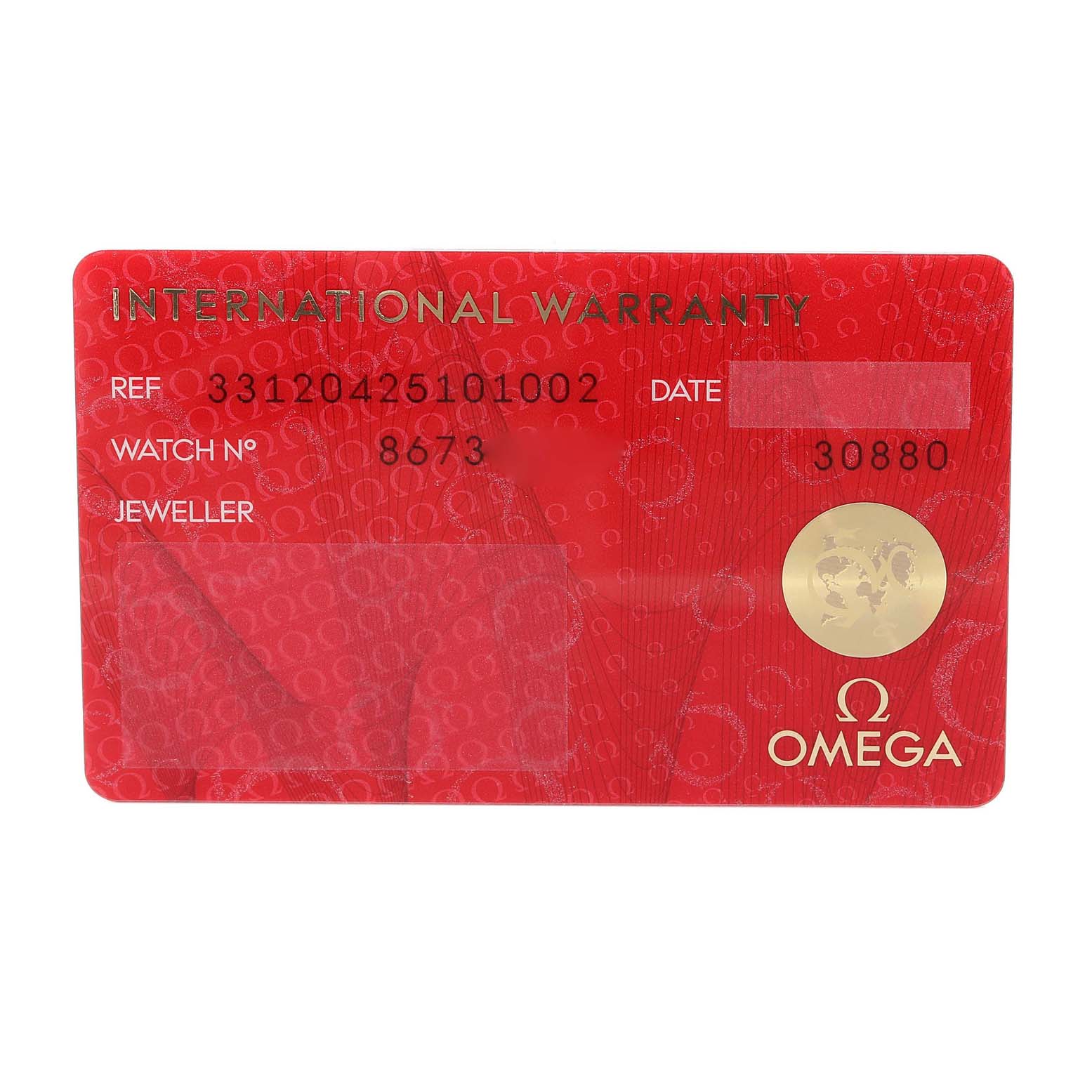 This is the international warranty card for the Omega Speedmaster 331.20.42.51.01.002 Men's Steel and Gold (two tone) Black Dial 331.20.42.51.01.002 Men's Steel and Gold (two tone) Black Dial watch, showing reference and watch numbers.