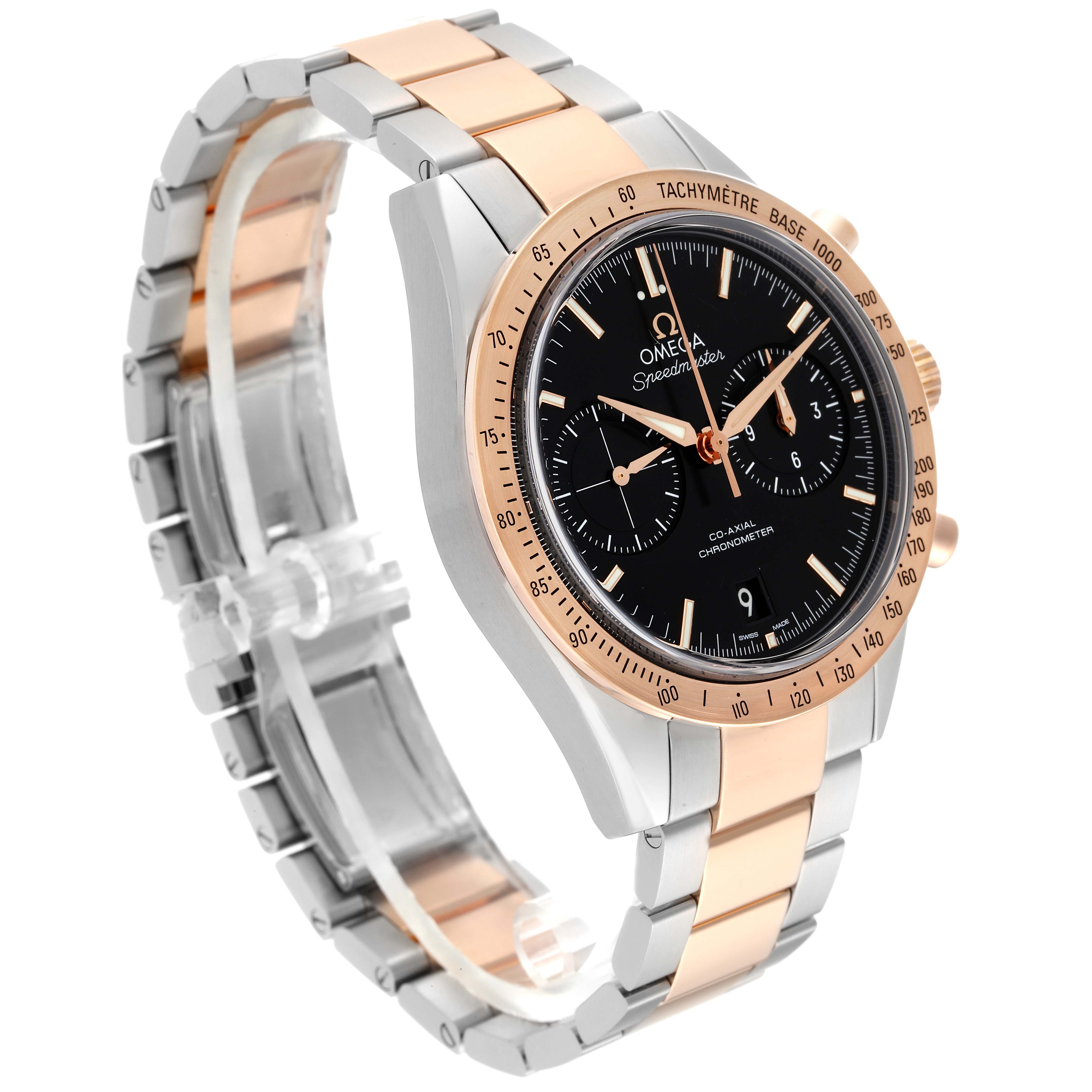 The Omega Speedmaster 331.20.42.51.01.002 Men's Steel and Gold (two tone) Black Dial 331.20.42.51.01.002 Men's Steel and Gold (two tone) Black Dial watch is shown at a three-quarter angle, highlighting the face, bezel, and bracelet.