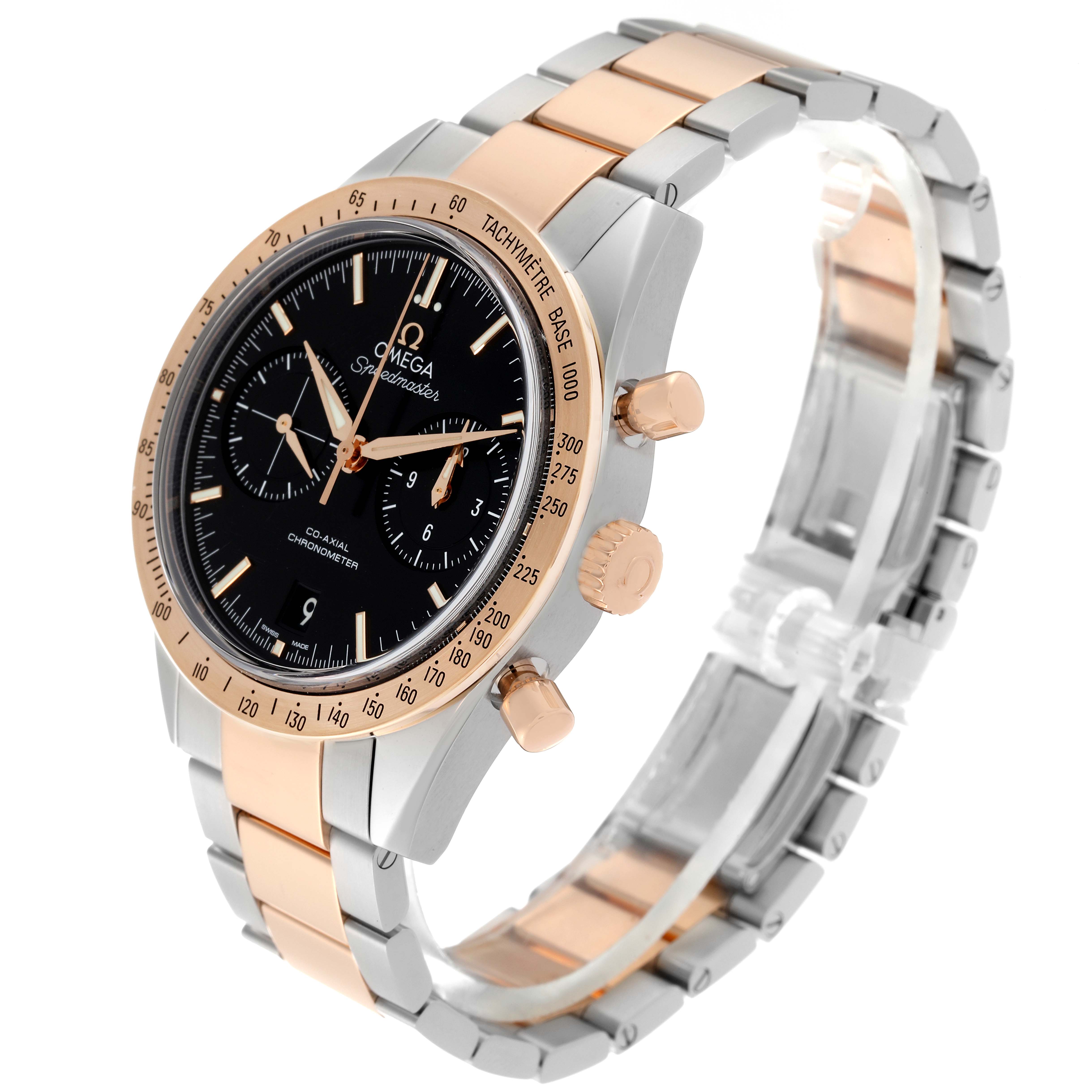 The Omega Speedmaster 331.20.42.51.01.002 Men's Steel and Gold (two tone) Black Dial 331.20.42.51.01.002 Men's Steel and Gold (two tone) Black Dial watch is shown from a left three-quarter angle, highlighting its bezel, dial, pushers, and two-tone bracelet.