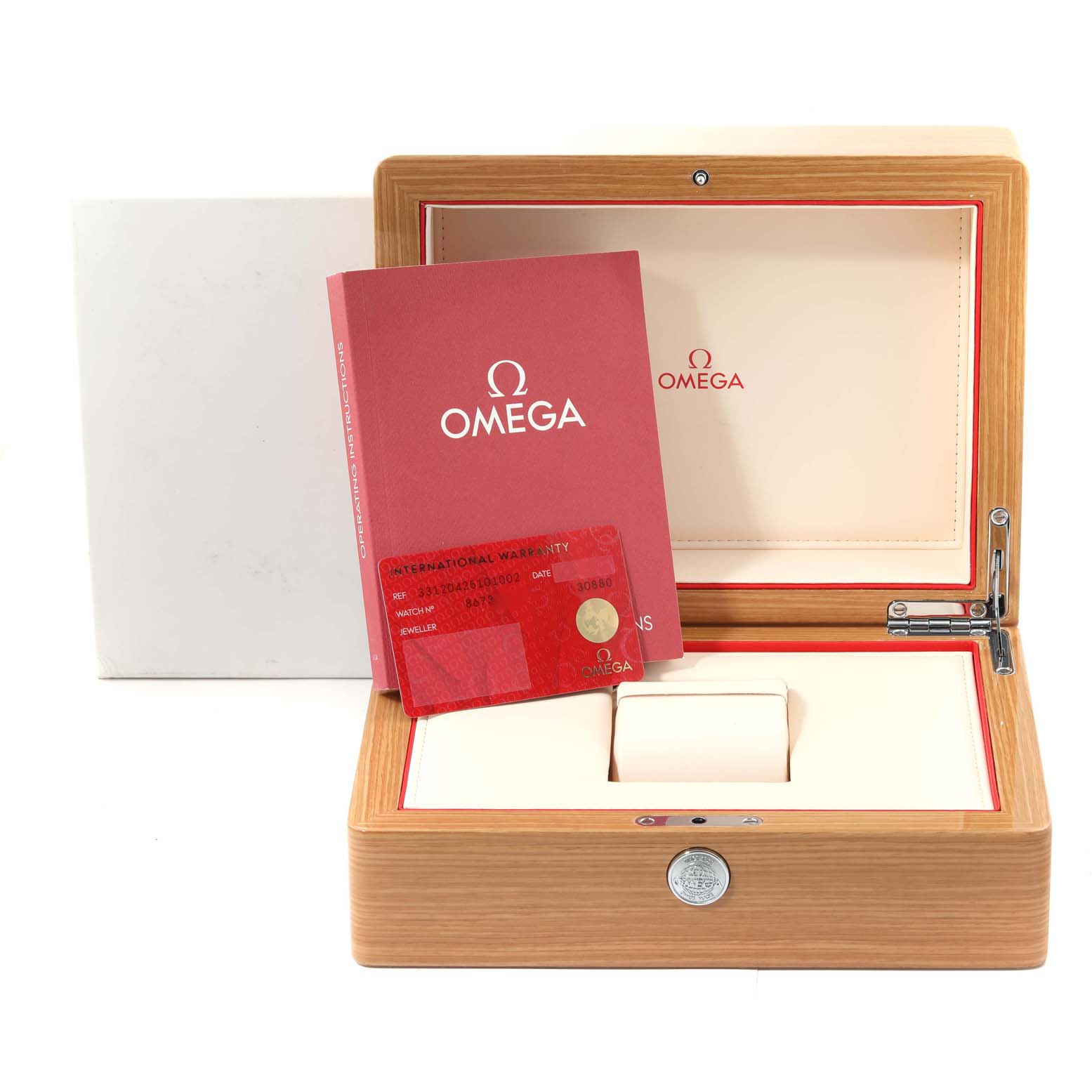 The image shows an Omega Speedmaster 331.20.42.51.01.002 Men's Steel and Gold (two tone) Black Dial 331.20.42.51.01.002 Men's Steel and Gold (two tone) Black Dial watch box, an instruction manual, and an international warranty card, viewed from the front.