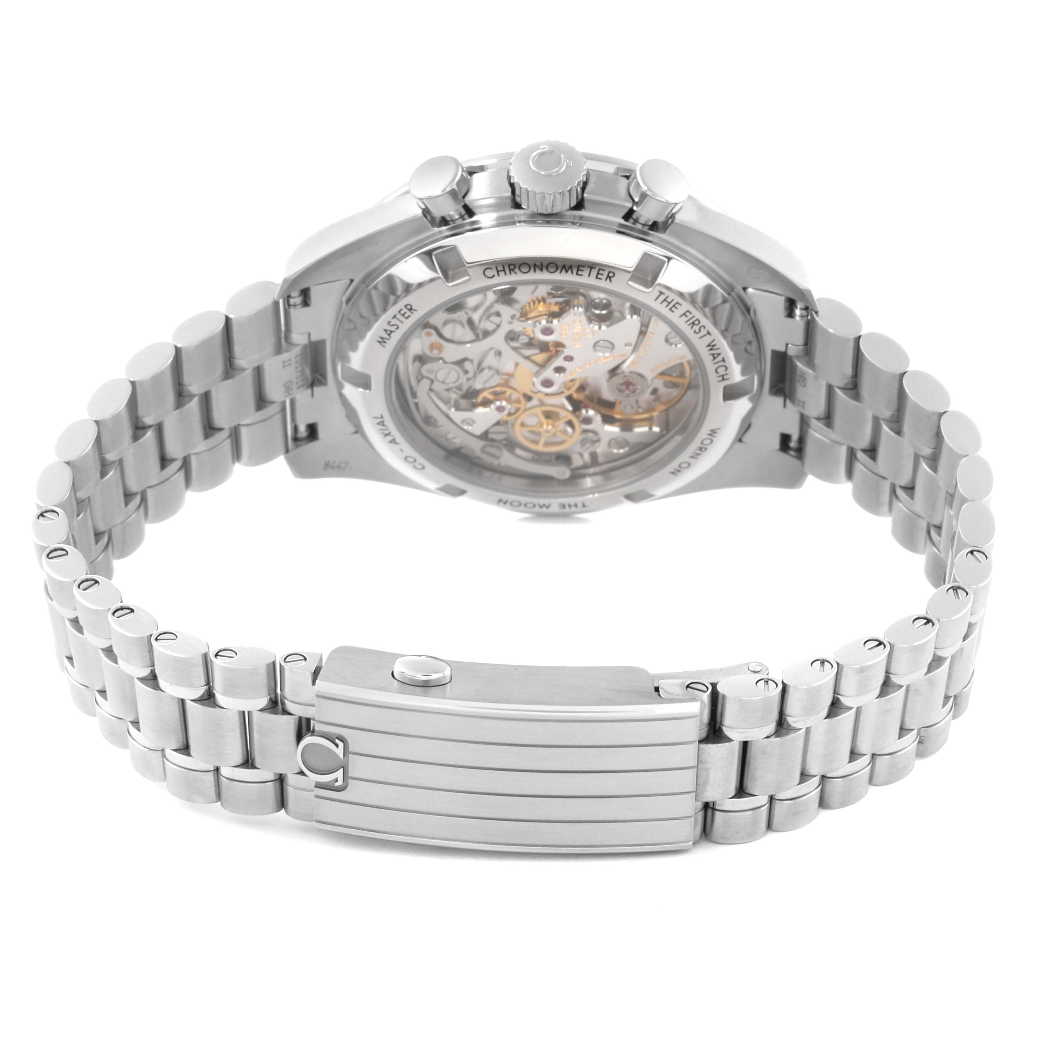 The image shows the back view of an Omega Speedmaster 310.30.42.50.01.002 Men
s Stainless Steel Black Dial 310.30.42.50.01.002 Men
s Stainless Steel Black Dial watch, highlighting its exhibition case back and metal bracelet.