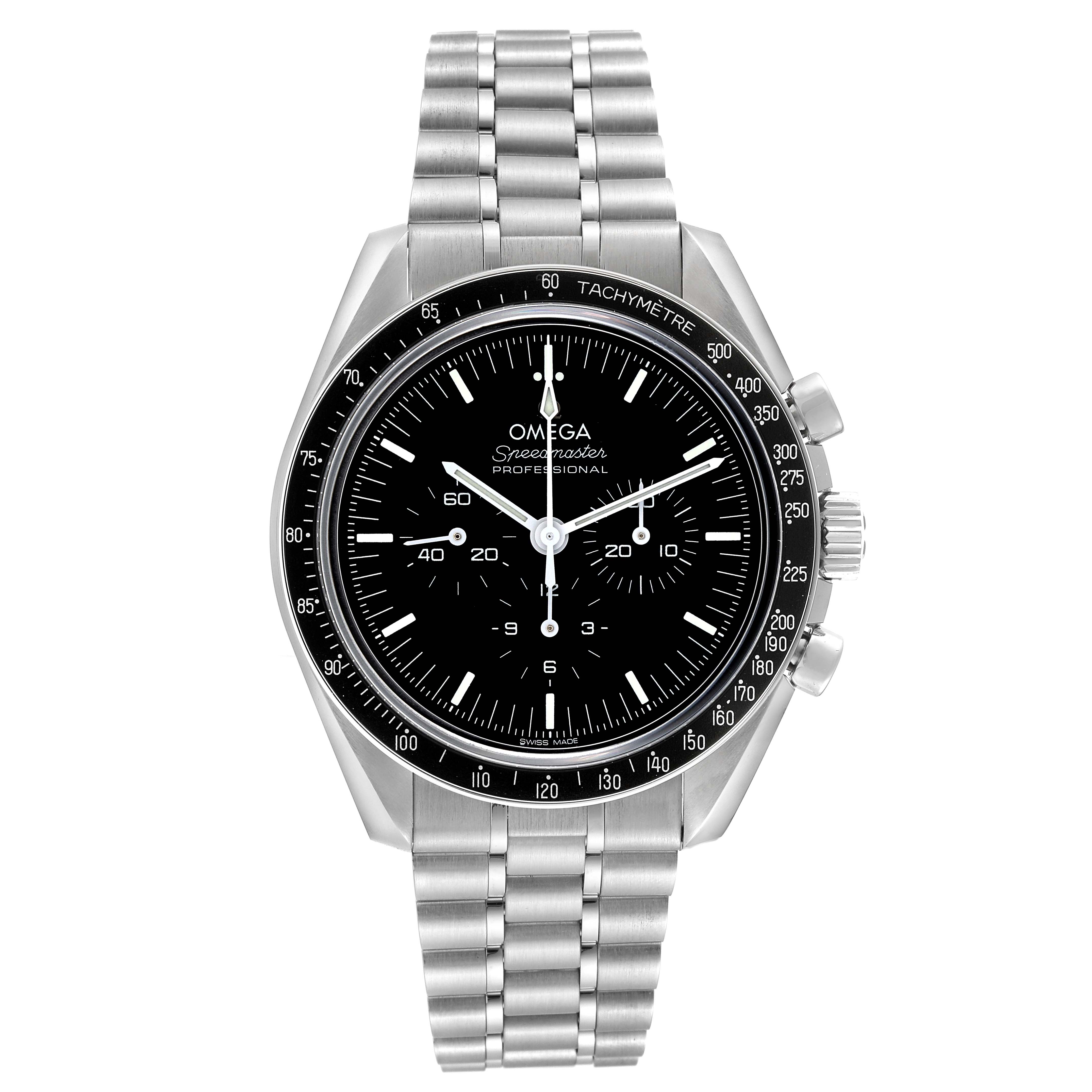 The image shows a frontal view of the Omega Speedmaster 310.30.42.50.01.002 Men
s Stainless Steel Black Dial 310.30.42.50.01.002 Men
s Stainless Steel Black Dial watch, highlighting its dial, bezel, and bracelet.