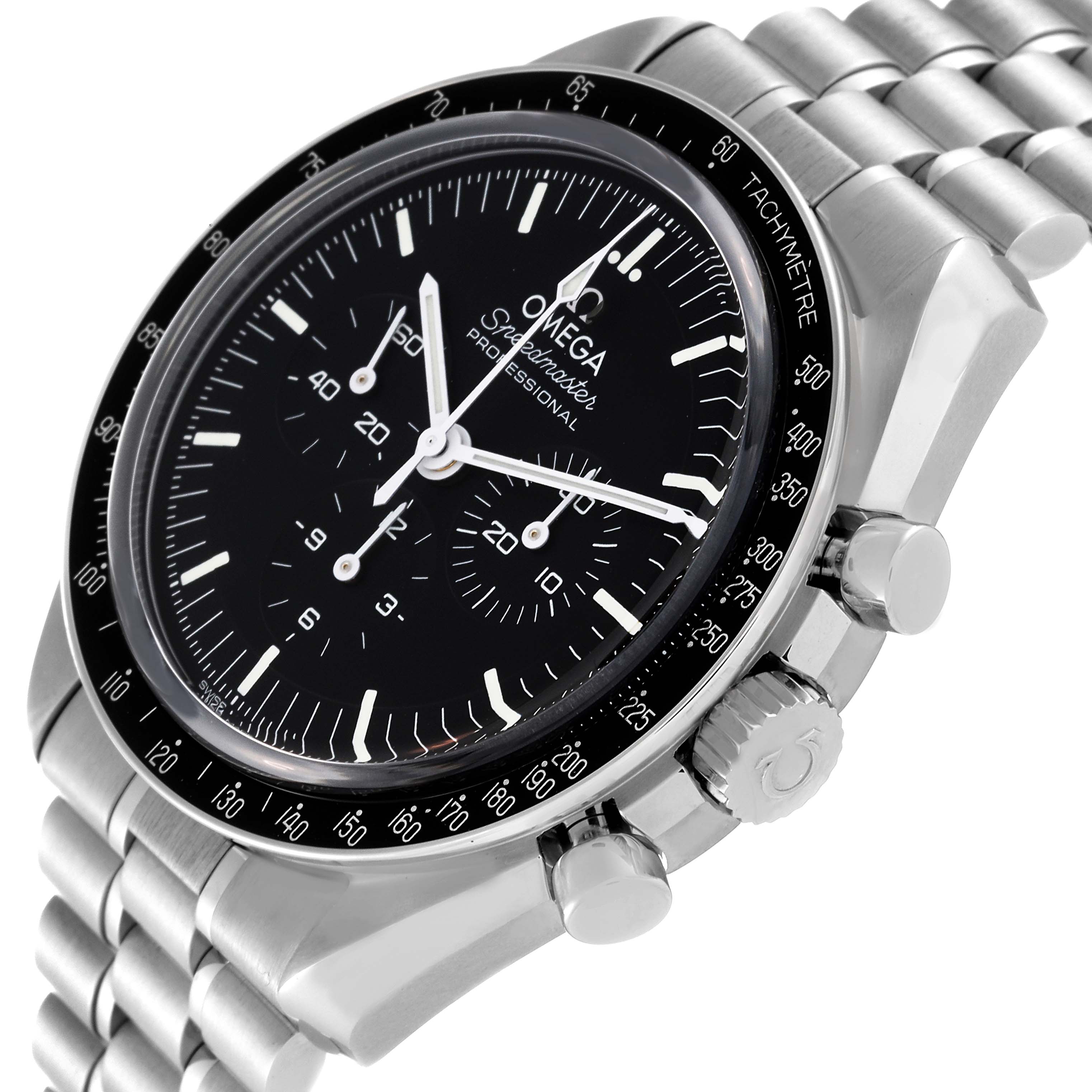 The image shows an angled view of the Omega Speedmaster 310.30.42.50.01.002 Men
s Stainless Steel Black Dial 310.30.42.50.01.002 Men
s Stainless Steel Black Dial watch, highlighting the face, bezel, and metal bracelet.