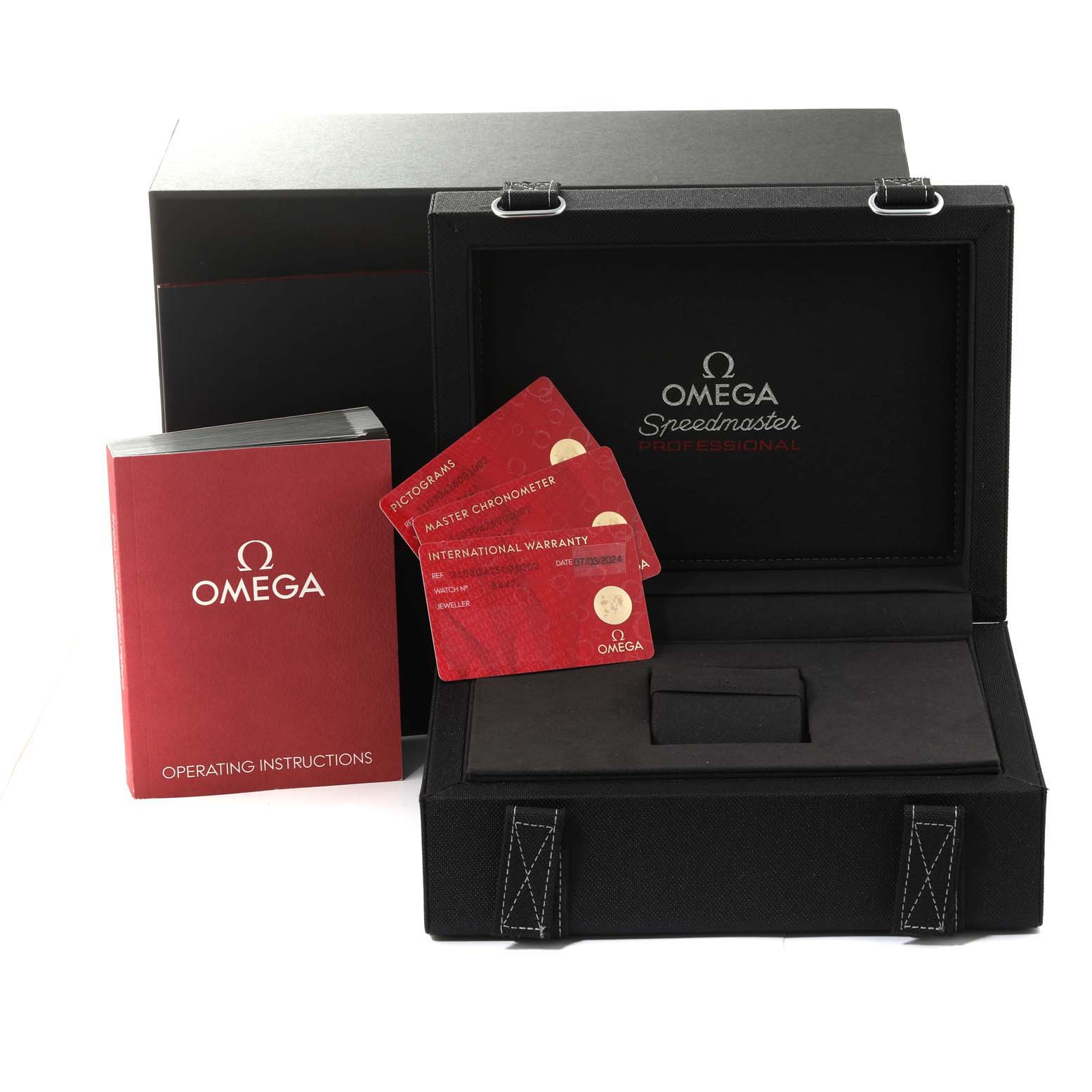 The image shows an Omega Speedmaster 310.30.42.50.01.002 Men
s Stainless Steel Black Dial 310.30.42.50.01.002 Men
s Stainless Steel Black Dial watch box, operating instructions, and warranty cards.