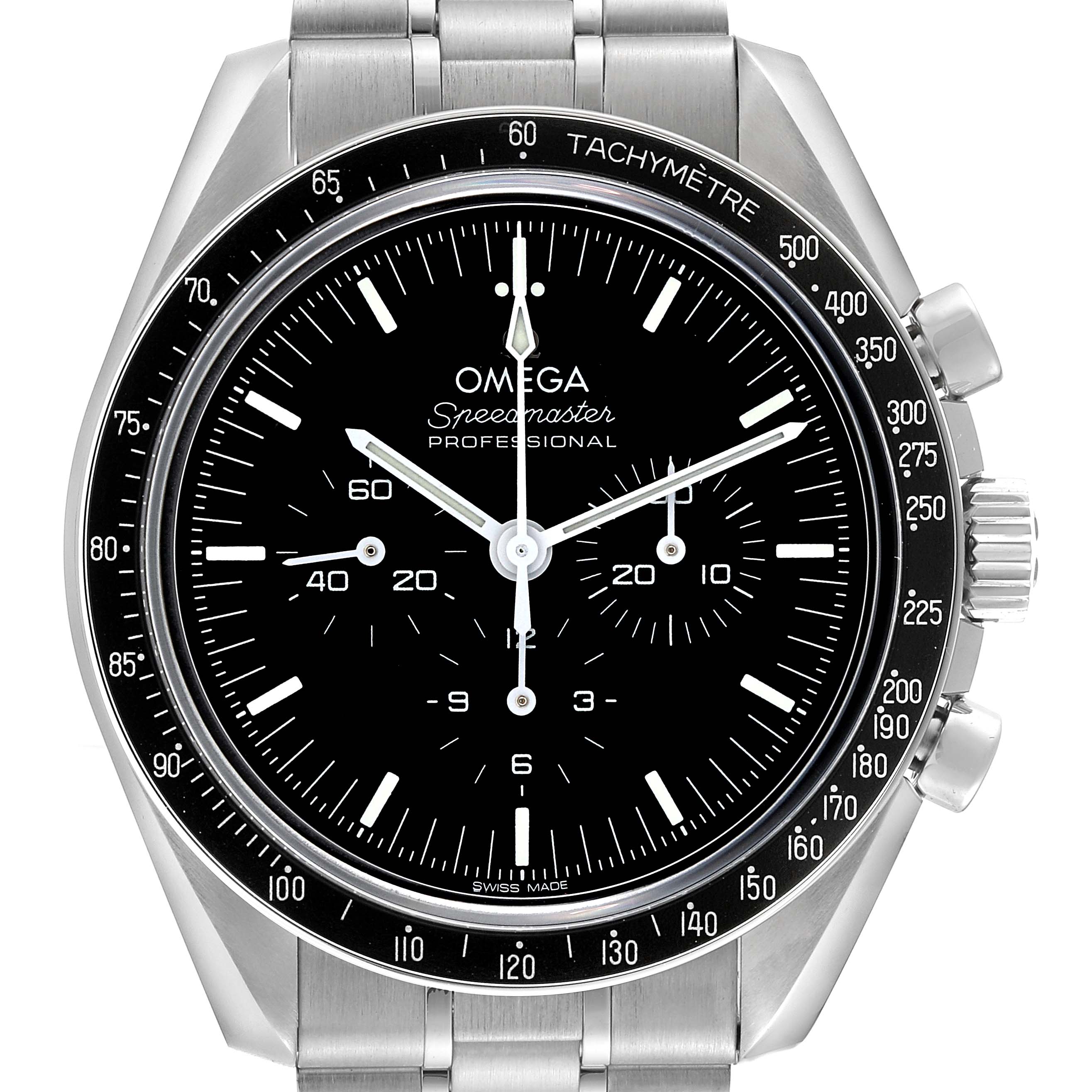 This image shows a front view of the Omega Speedmaster 310.30.42.50.01.002 Men
s Stainless Steel Black Dial 310.30.42.50.01.002 Men
s Stainless Steel Black Dial Professional watch, featuring its dial, bezel, and bracelet.