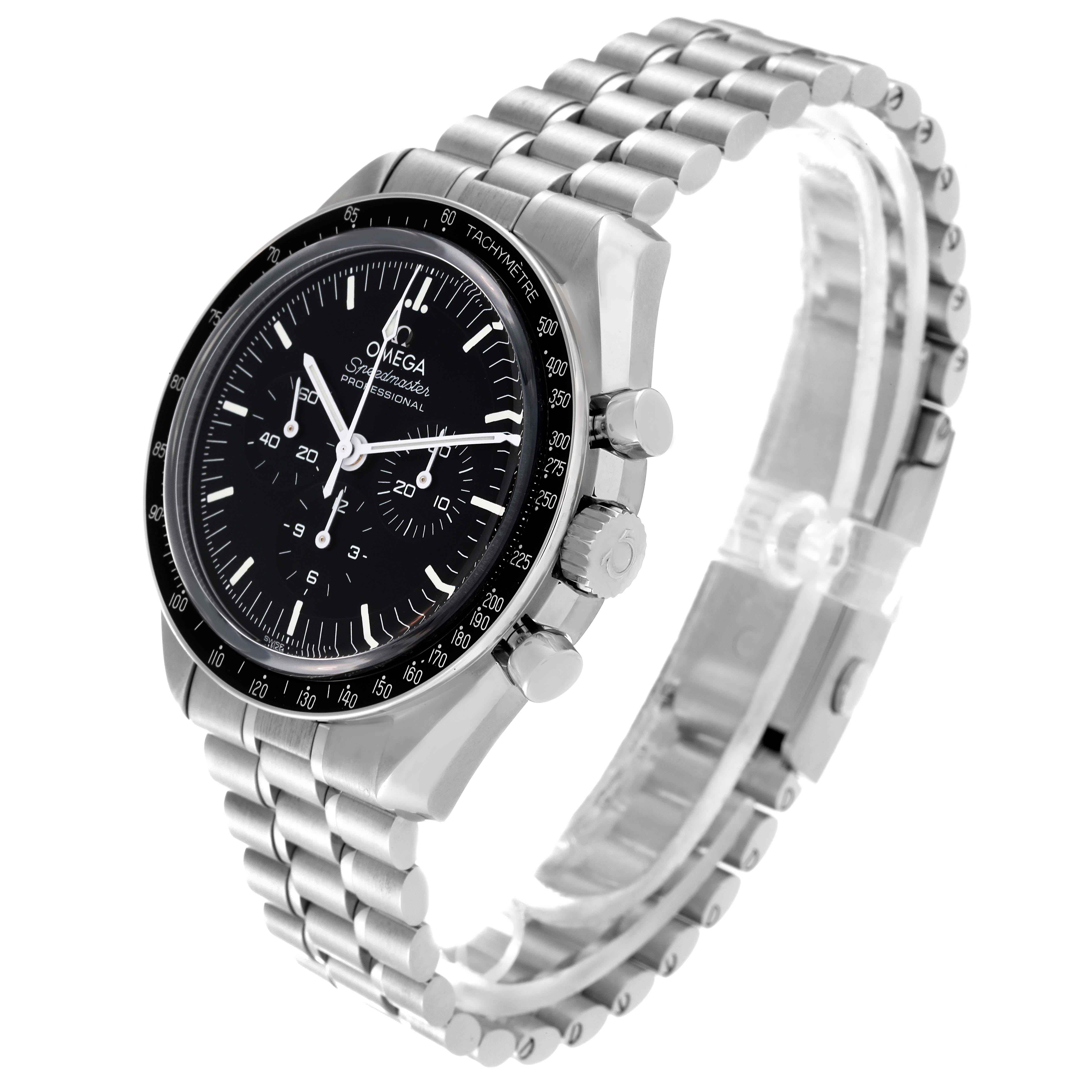 The image shows an Omega Speedmaster 310.30.42.50.01.002 Men
s Stainless Steel Black Dial 310.30.42.50.01.002 Men
s Stainless Steel Black Dial watch at an angle displaying its face, bezel, crown, pushers, and metal bracelet.