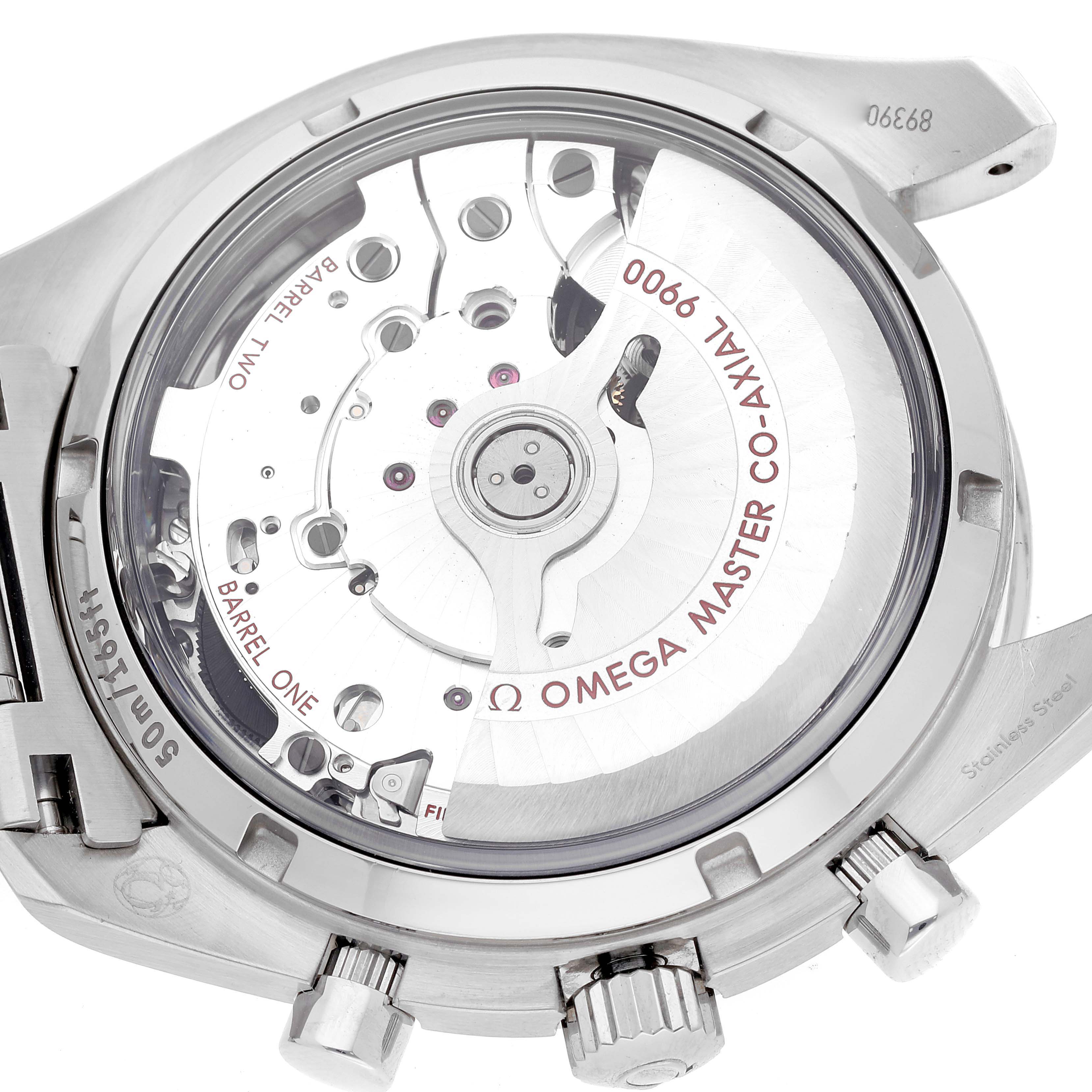 The image shows the back view of an Omega Speedmaster 329.30.44.51.04.001 Men's Stainless Steel White Dial 329.30.44.51.04.001 Men's Stainless Steel White Dial watch, specifically highlighting its Co-Axial movement mechanism.