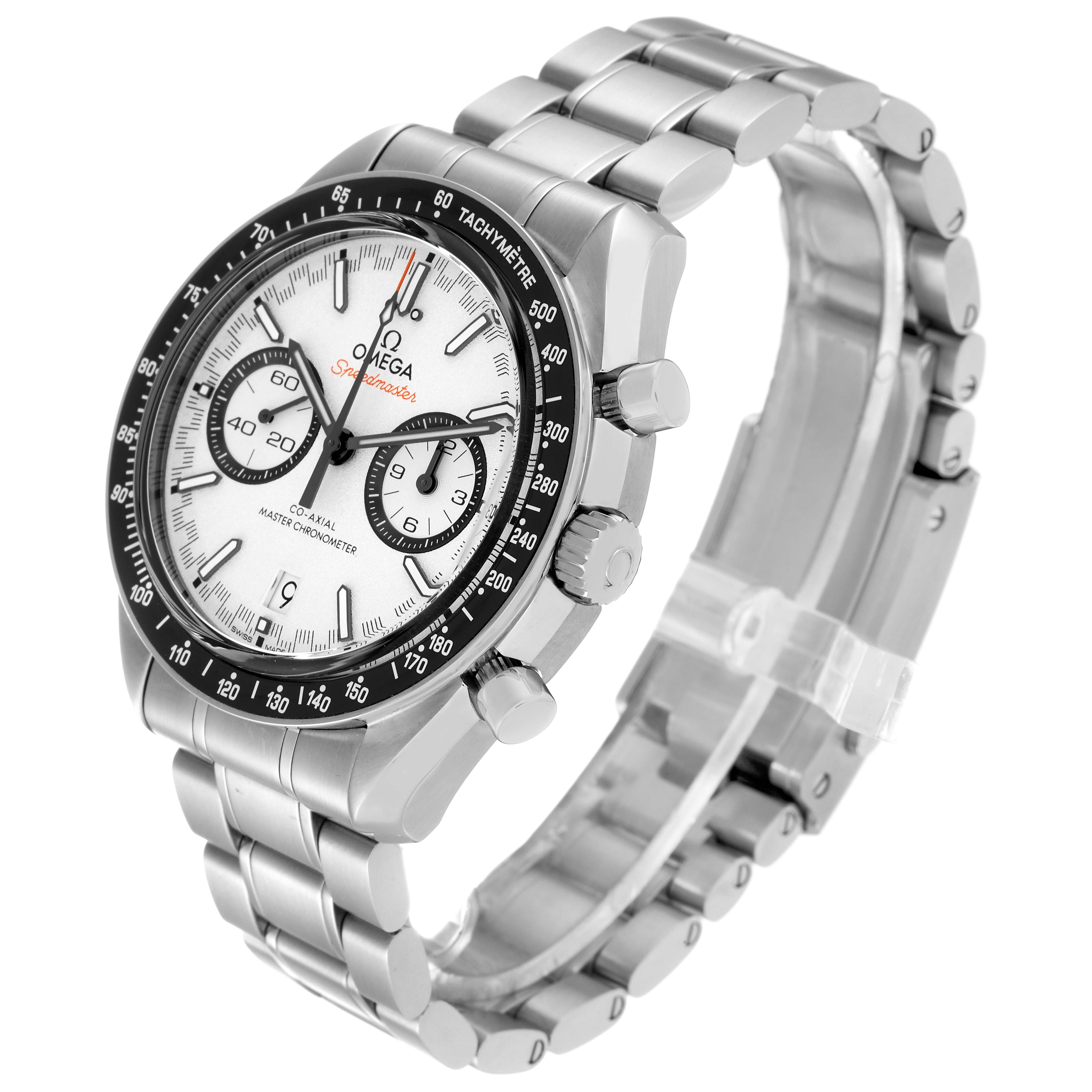 The Omega Speedmaster 329.30.44.51.04.001 Men's Stainless Steel White Dial 329.30.44.51.04.001 Men's Stainless Steel White Dial watch is shown at a slight angle, highlighting its face, tachymeter bezel, two chronograph sub-dials, and stainless steel bracelet.