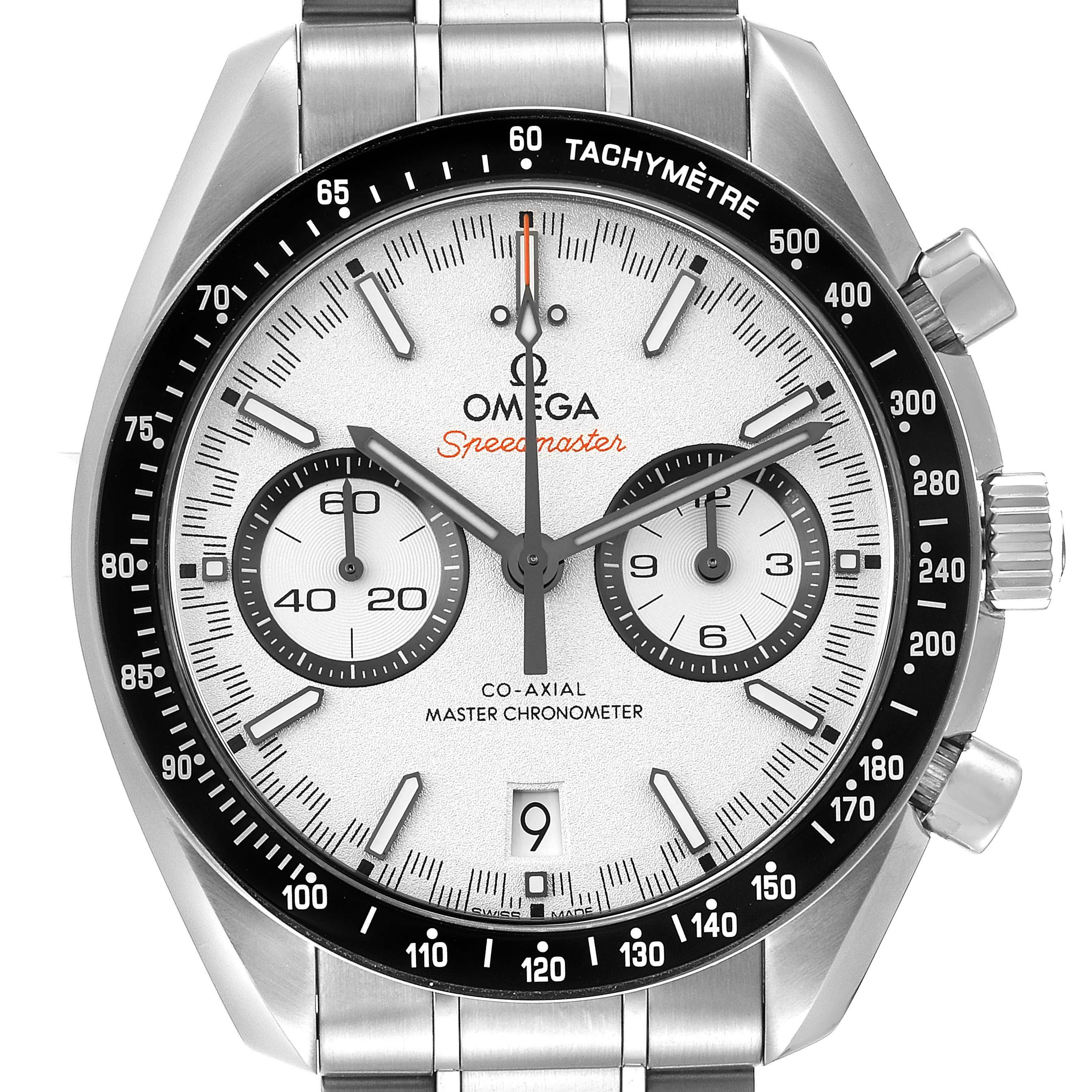 The image shows a frontal view of the Omega Speedmaster 329.30.44.51.04.001 Men's Stainless Steel White Dial 329.30.44.51.04.001 Men's Stainless Steel White Dial watch, highlighting its dial, chronograph subdials, bezel, and bracelet.