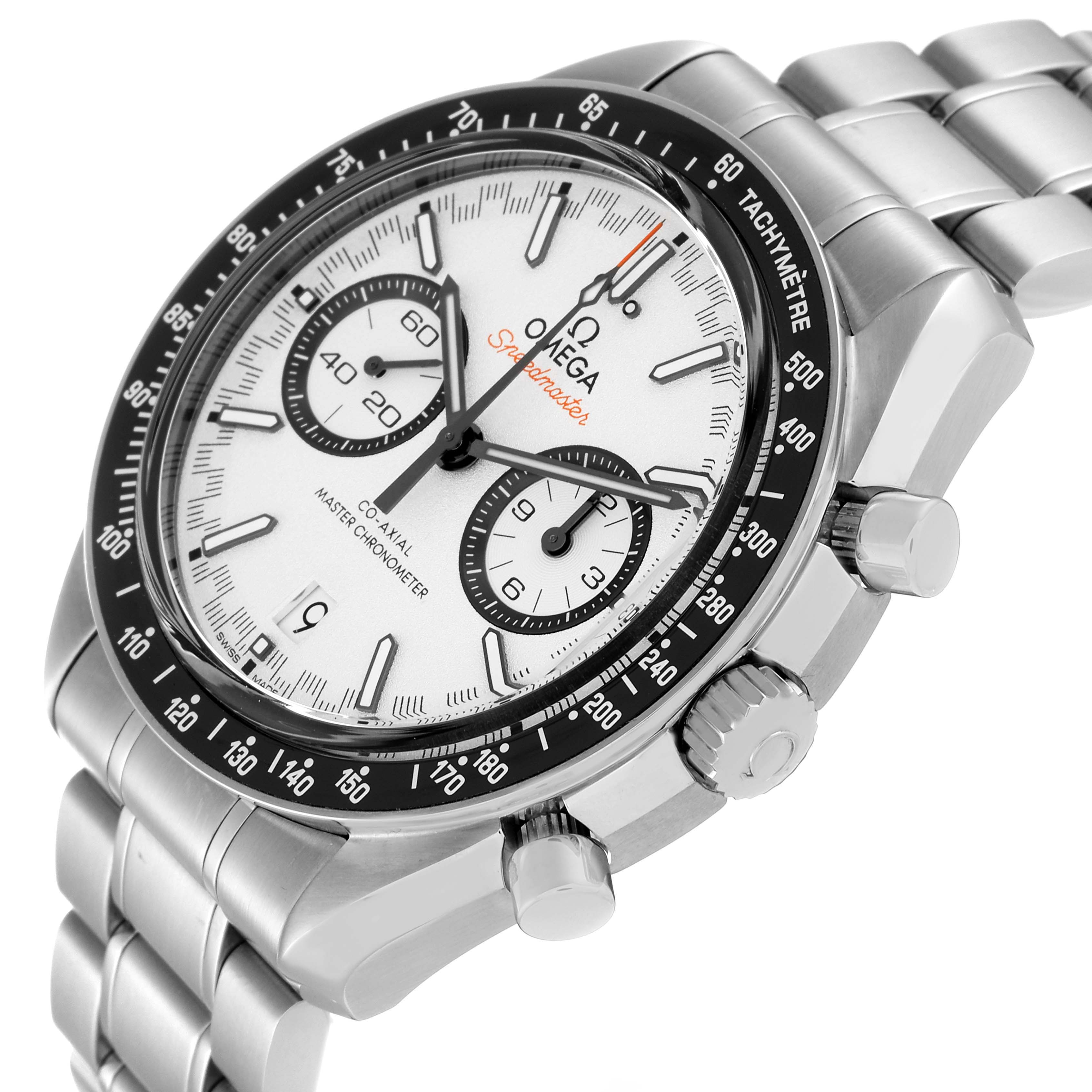 The Omega Speedmaster 329.30.44.51.04.001 Men's Stainless Steel White Dial 329.30.44.51.04.001 Men's Stainless Steel White Dial watch is shown at an angle displaying the dial, bezel, buttons, crown, and part of the bracelet.