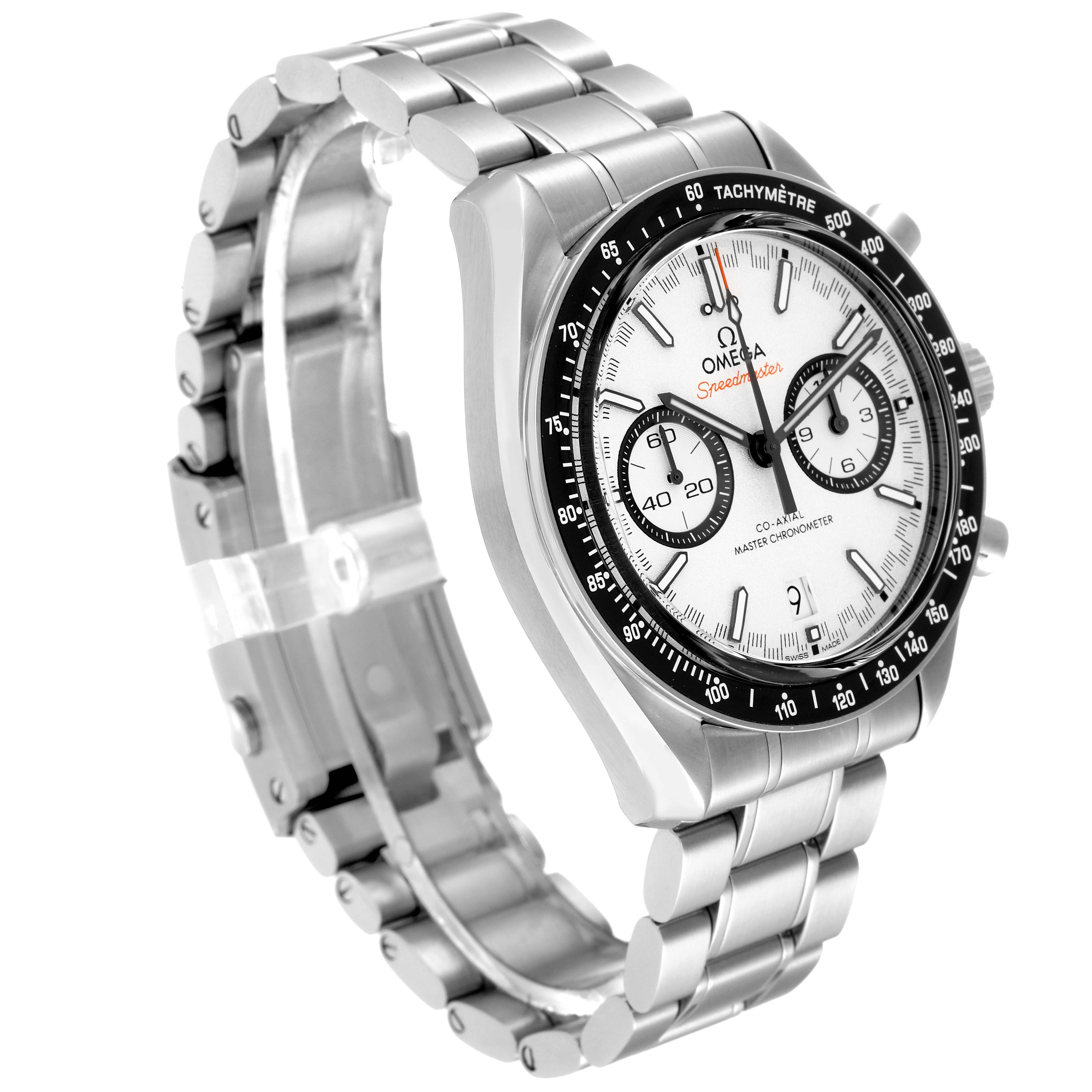 This image shows an angled view of the Omega Speedmaster 329.30.44.51.04.001 Men's Stainless Steel White Dial 329.30.44.51.04.001 Men's Stainless Steel White Dial watch, highlighting its face, bezel, and bracelet.