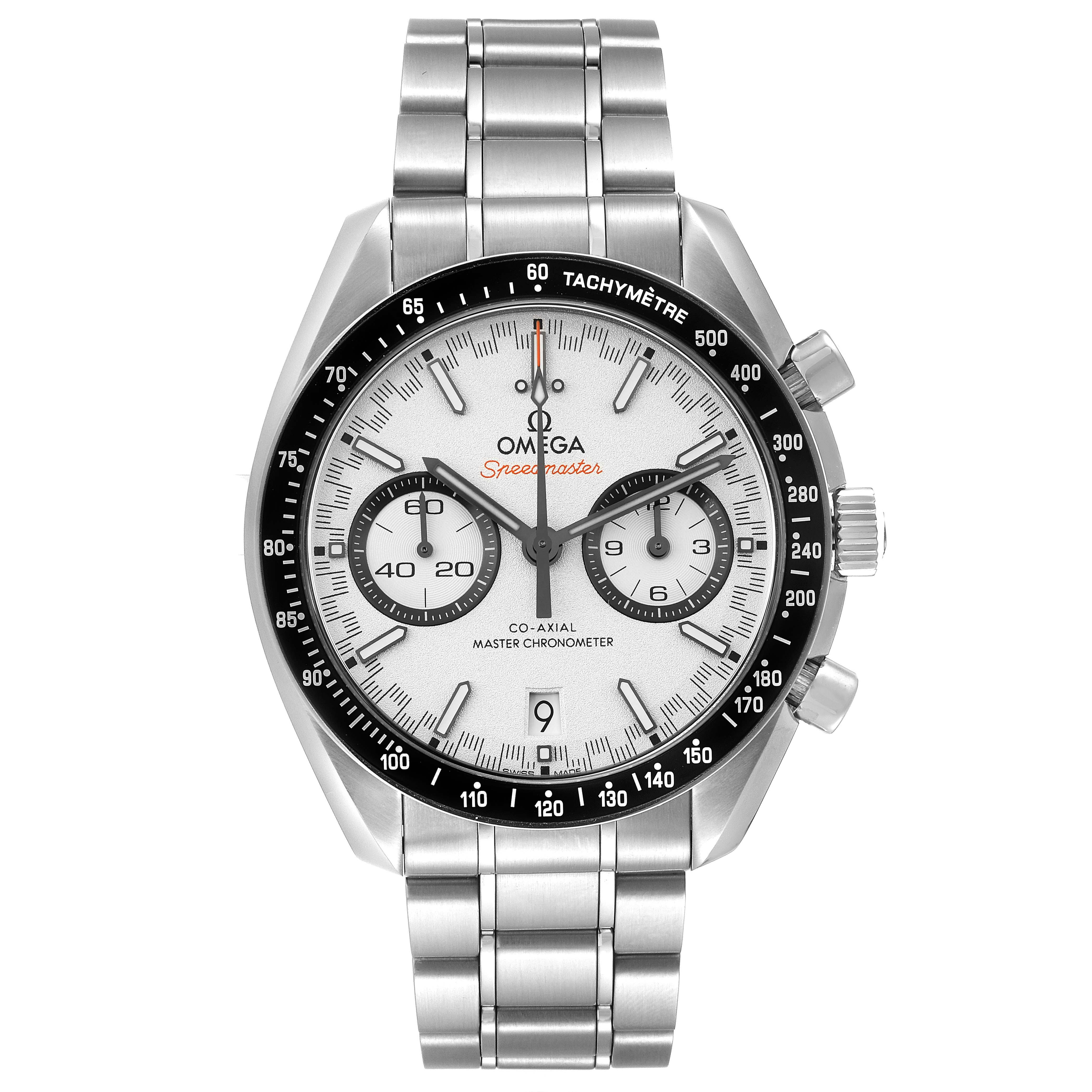 The image shows a front view of the Omega Speedmaster 329.30.44.51.04.001 Men's Stainless Steel White Dial 329.30.44.51.04.001 Men's Stainless Steel White Dial watch featuring a metal bracelet and tachymeter bezel.