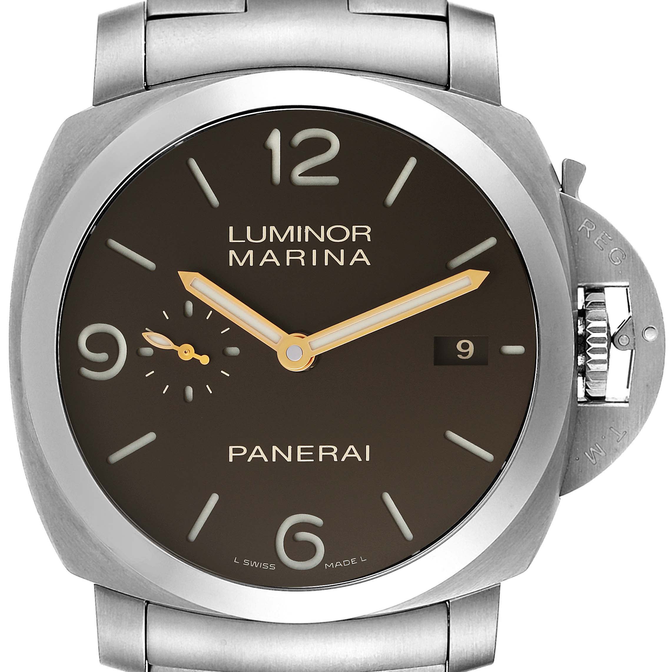 The image shows a front view of the Panerai Luminor PAM00352 Men's Titanium Brown Dial PAM00352 Men's Titanium Brown Dial Marina watch, showcasing its dial, hands, crown, and metal bracelet.