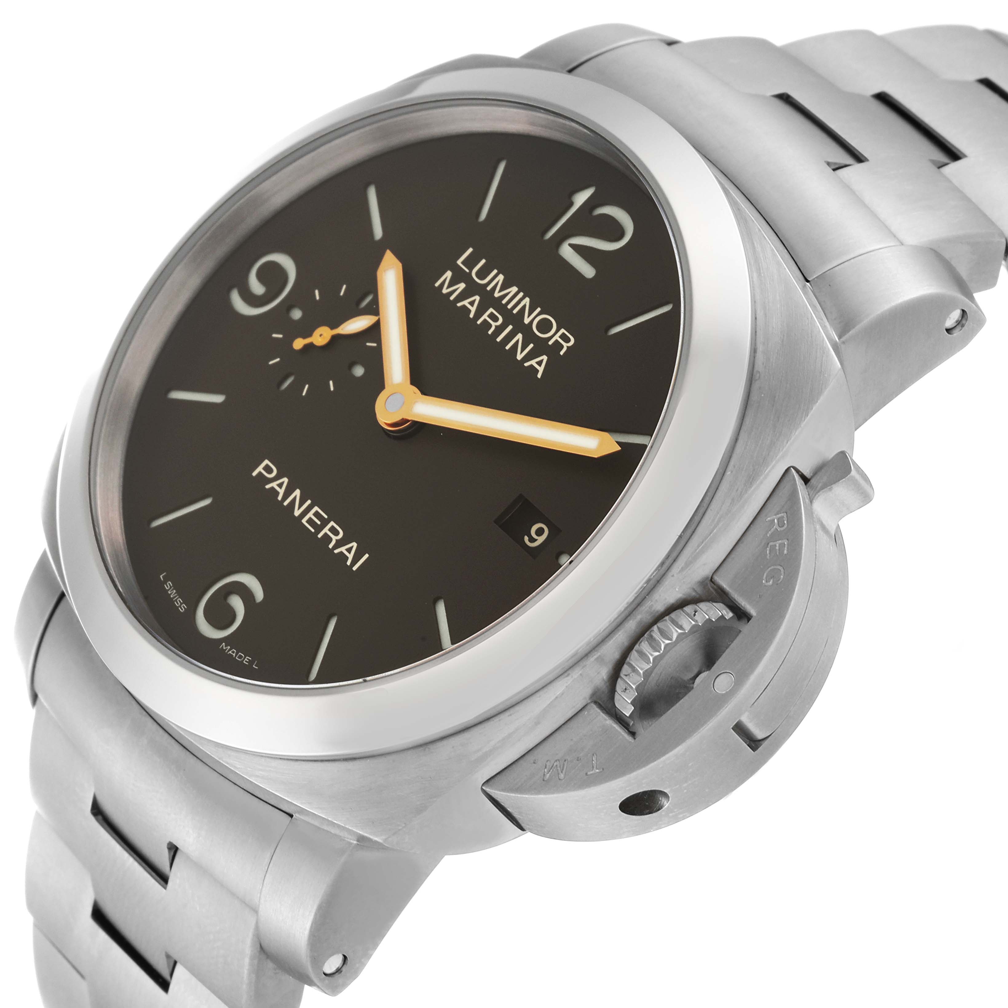 The image shows a Panerai Luminor PAM00352 Men's Titanium Brown Dial PAM00352 Men's Titanium Brown Dial Marina watch at an angle highlighting the dial, crown guard, and metal bracelet.