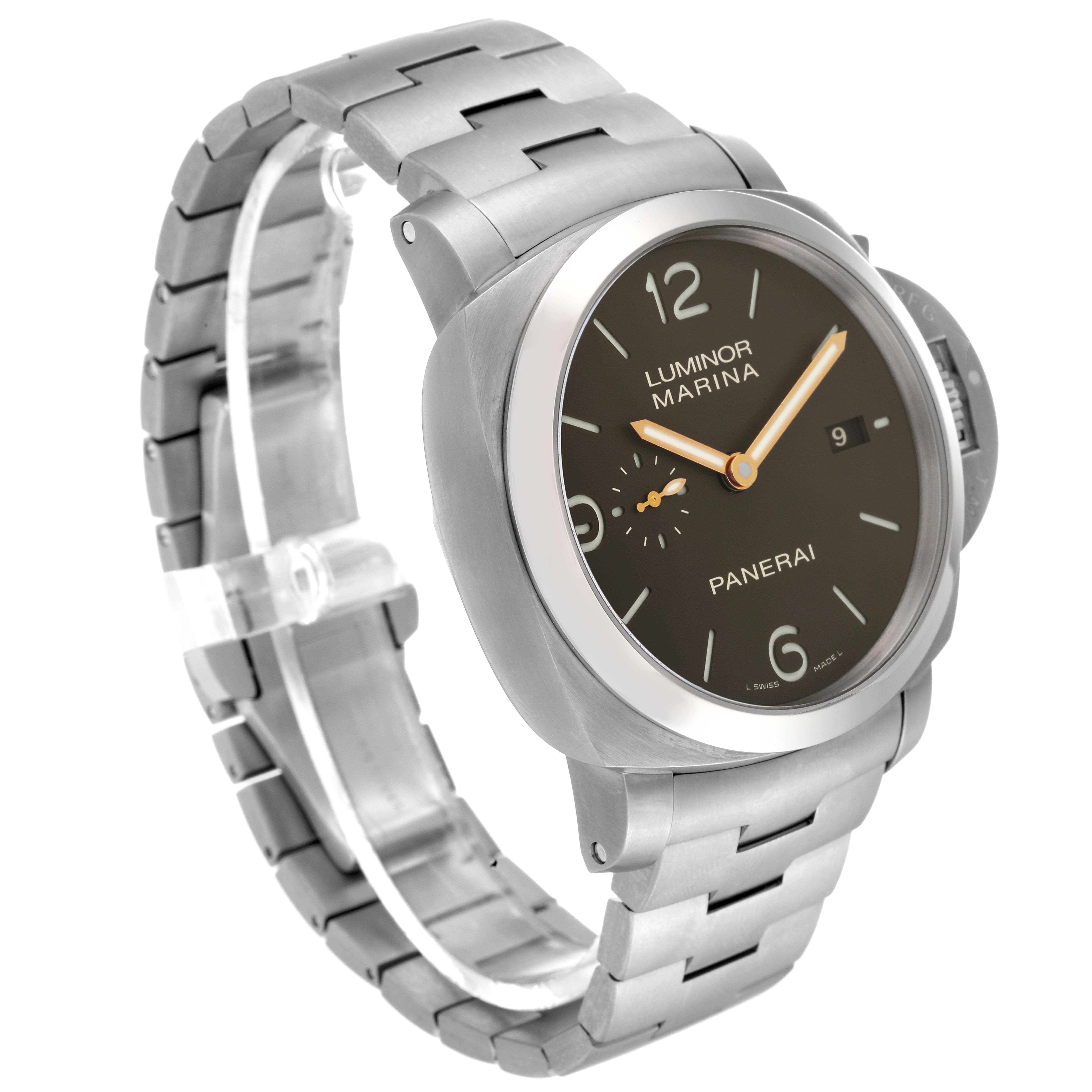 This image shows a Panerai Luminor PAM00352 Men's Titanium Brown Dial PAM00352 Men's Titanium Brown Dial Marina watch from a three-quarter angle, highlighting the dial, case, and metal bracelet.