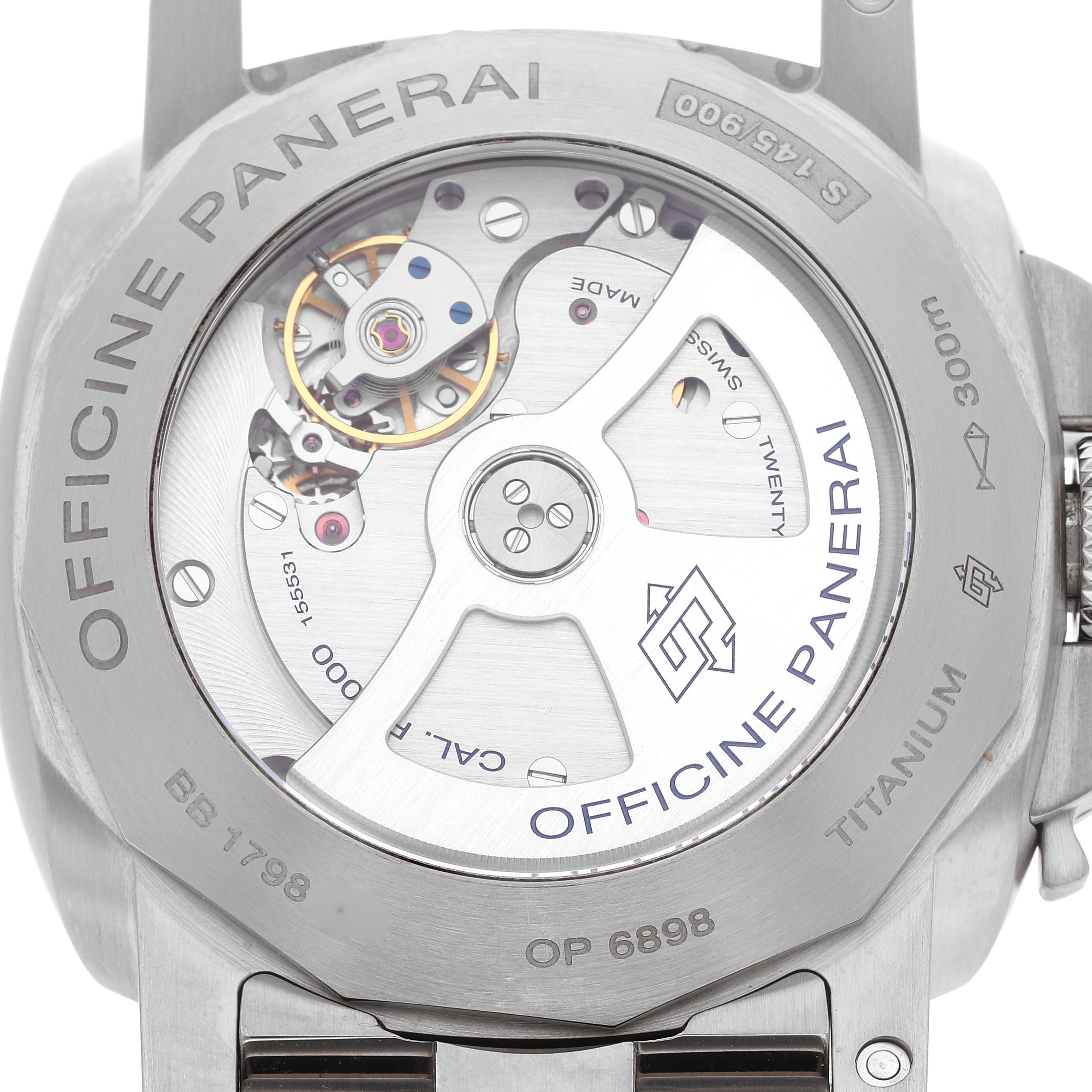 This image shows the case back of a Panerai Luminor PAM00352 Men's Titanium Brown Dial PAM00352 Men's Titanium Brown Dial watch, revealing its internal mechanical movement.