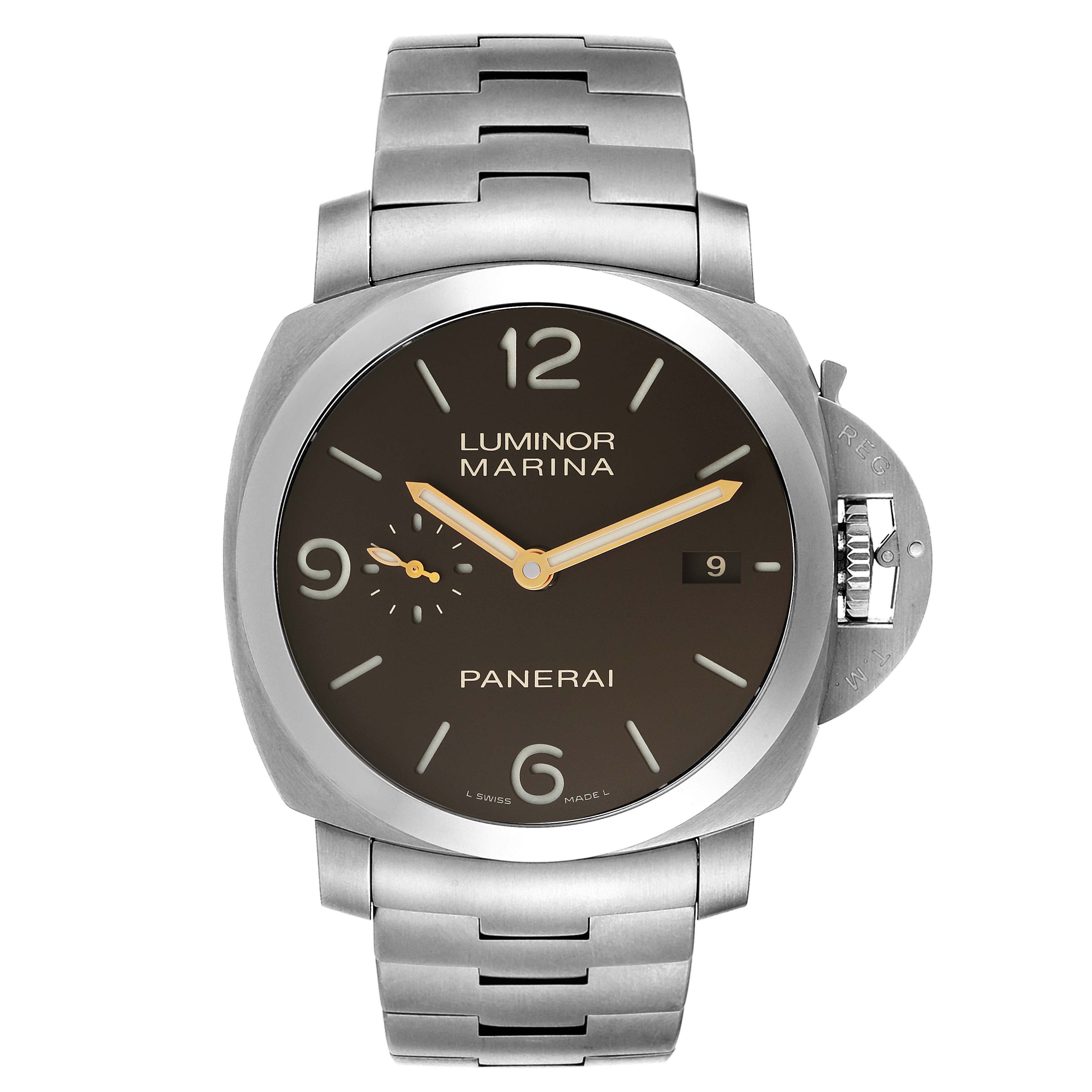 The image shows a front view of a Panerai Luminor PAM00352 Men's Titanium Brown Dial PAM00352 Men's Titanium Brown Dial watch, highlighting its dial, hands, date display, and metal strap.