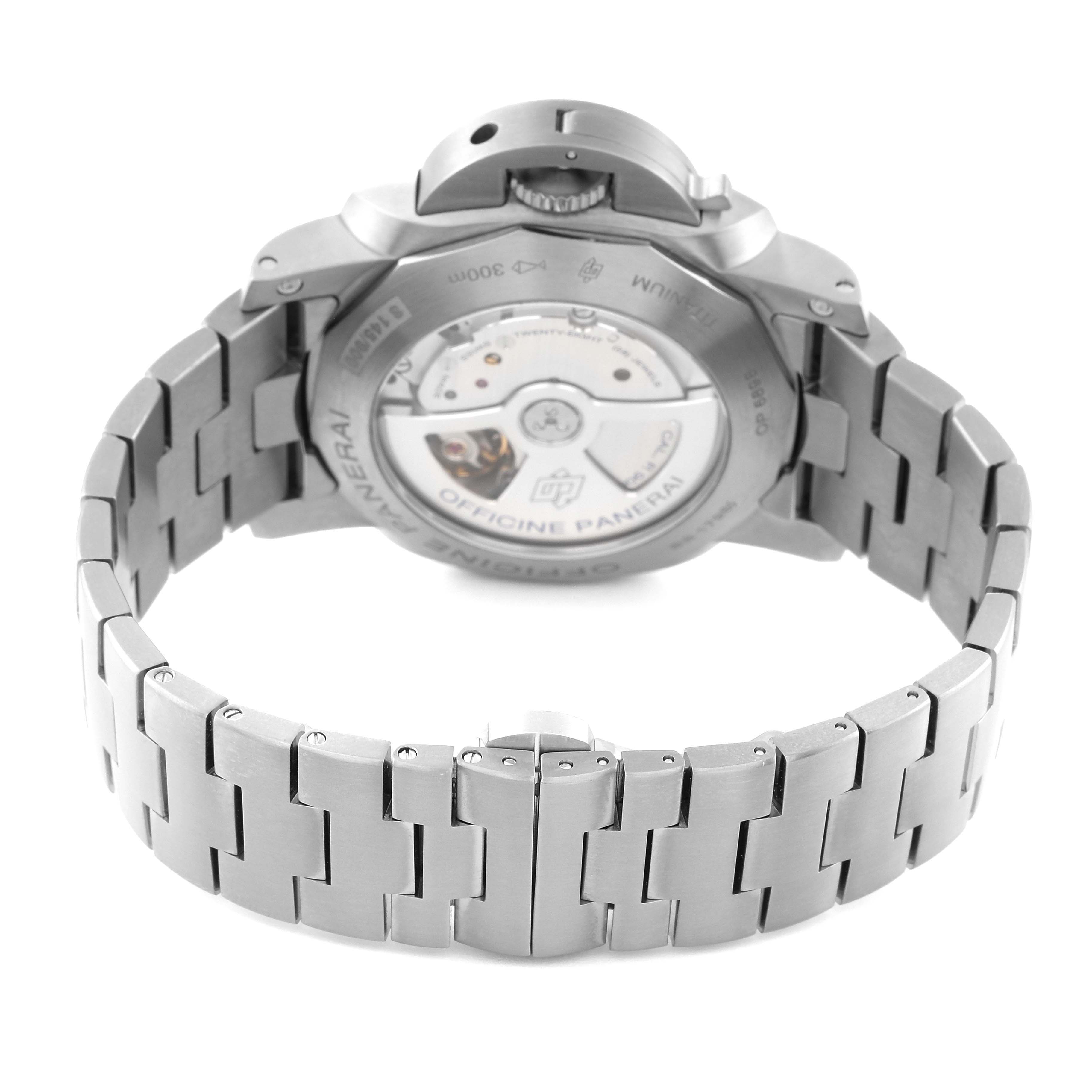 The image shows the back view of the Panerai Luminor PAM00352 Men's Titanium Brown Dial PAM00352 Men's Titanium Brown Dial watch, focusing on the transparent case back and the metal bracelet.