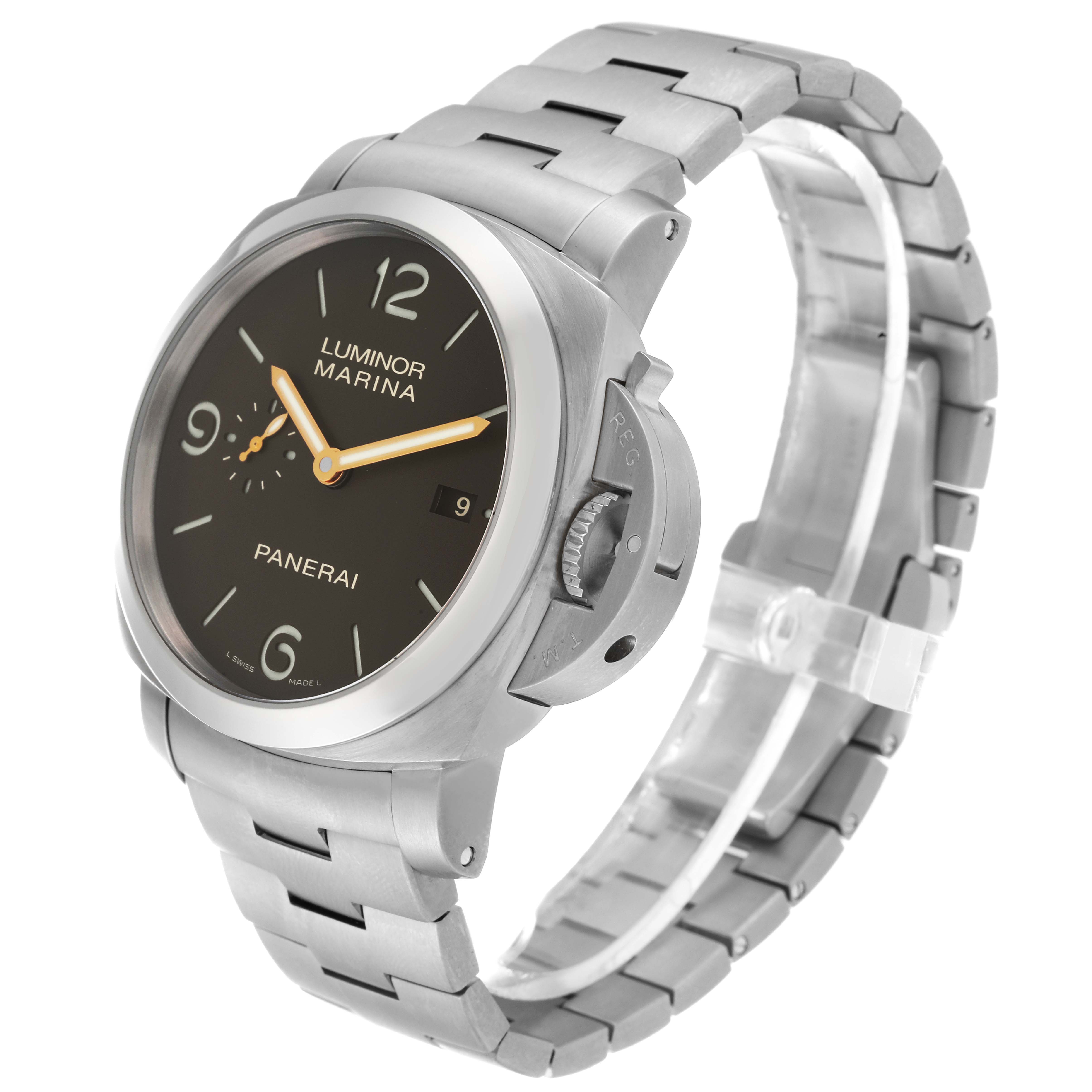 The Panerai Luminor PAM00352 Men's Titanium Brown Dial PAM00352 Men's Titanium Brown Dial Marina watch is shown from a three-quarter angle, revealing the face, crown guard, and metal bracelet.