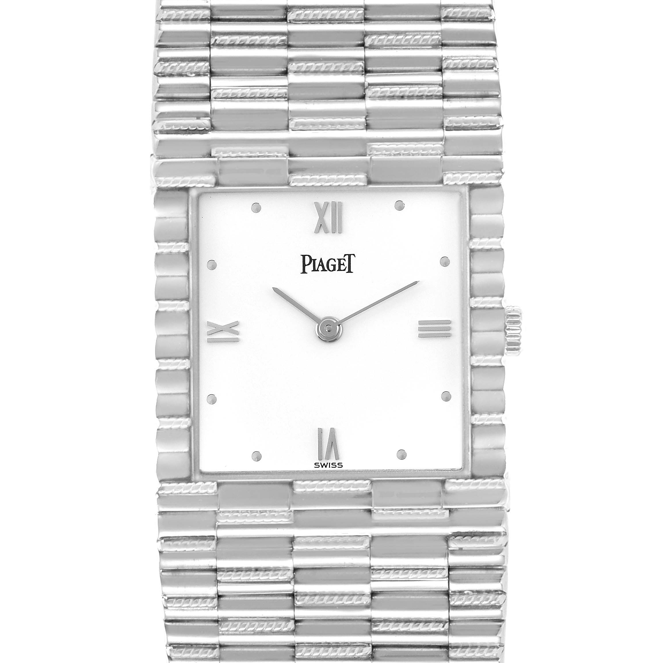The Piaget 80131G2 Women
s White Gold White Dial 80131G2 Women
s White Gold White Dial Rope White Gold Ultra Thin Vintage Quartz Ladies Watch 80131 model is shown from a top-down angle, featuring the face and bracelet.