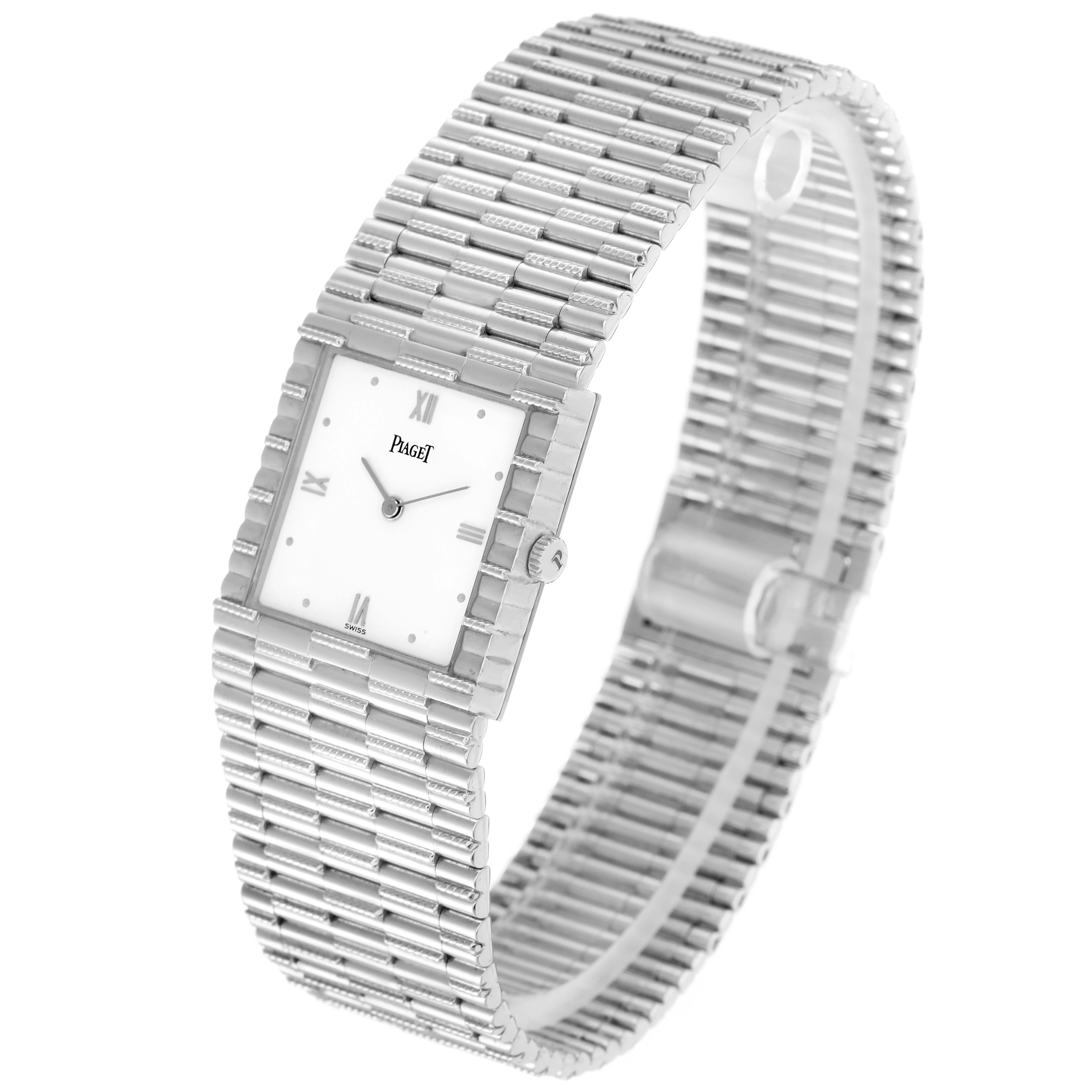 The Piaget 80131G2 Women
s White Gold White Dial 80131G2 Women
s White Gold White Dial Rope White Gold Ultra Thin Vintage Quartz Ladies Watch 80131 is shown at a three-quarter angle, highlighting the face and bracelet.