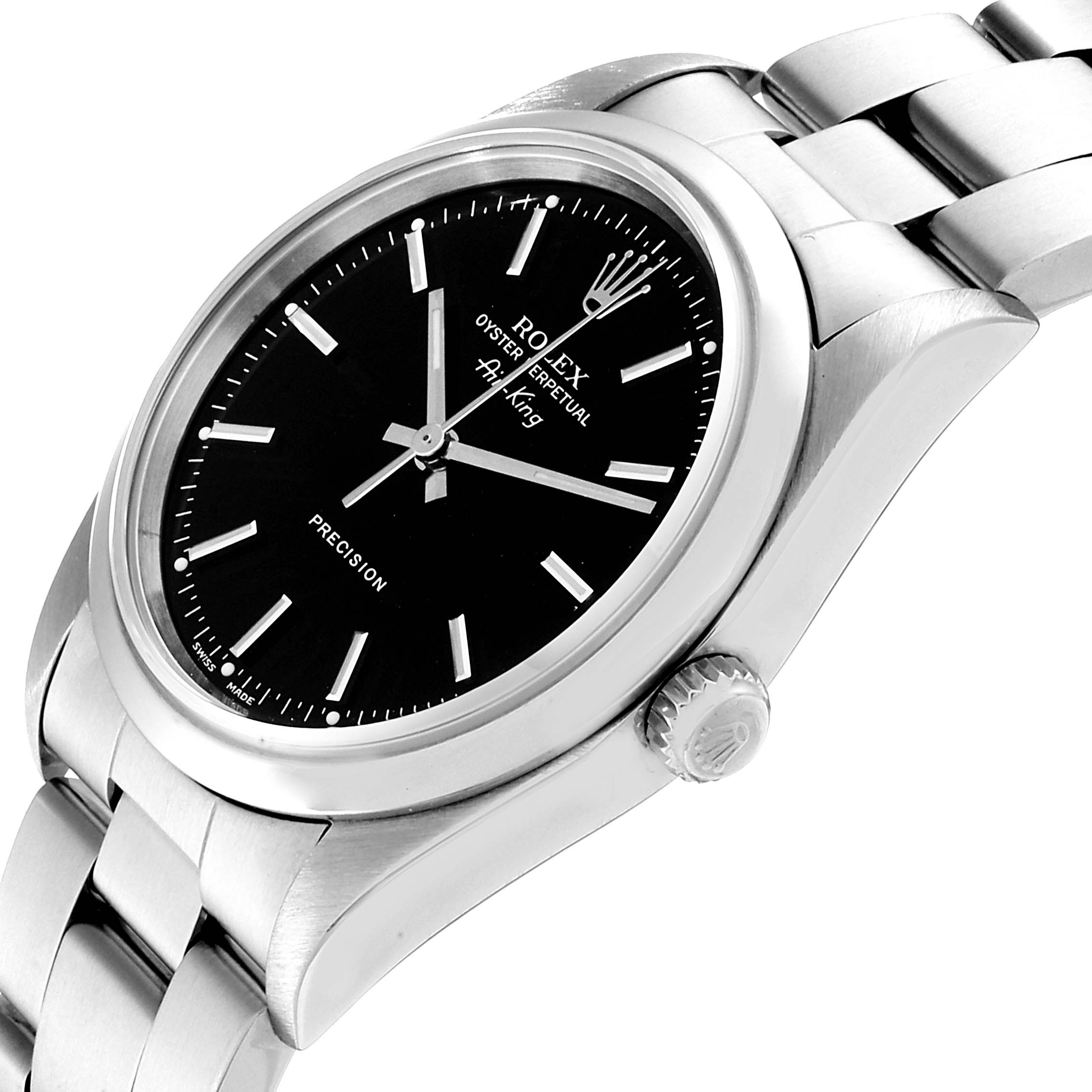 The image shows a Rolex Air-King 14000 Men's Stainless Steel Black Dial 14000 Men's Stainless Steel Black Dial watch at an angled side view, highlighting the black dial, silver bracelet, and crown.