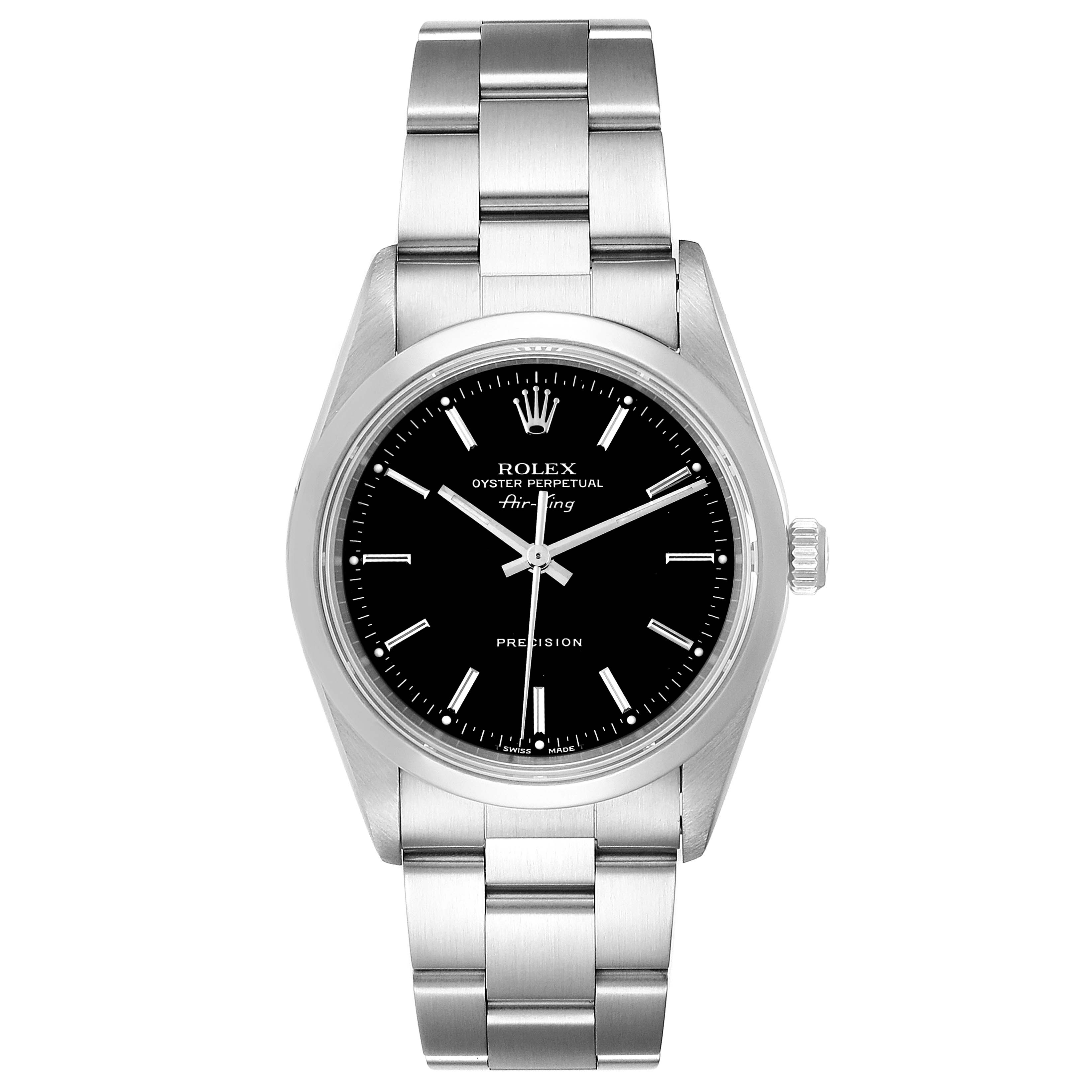 This is a front view of the Rolex Air-King 14000 Men's Stainless Steel Black Dial 14000 Men's Stainless Steel Black Dial watch, showing the bracelet, case, dial, and crown.