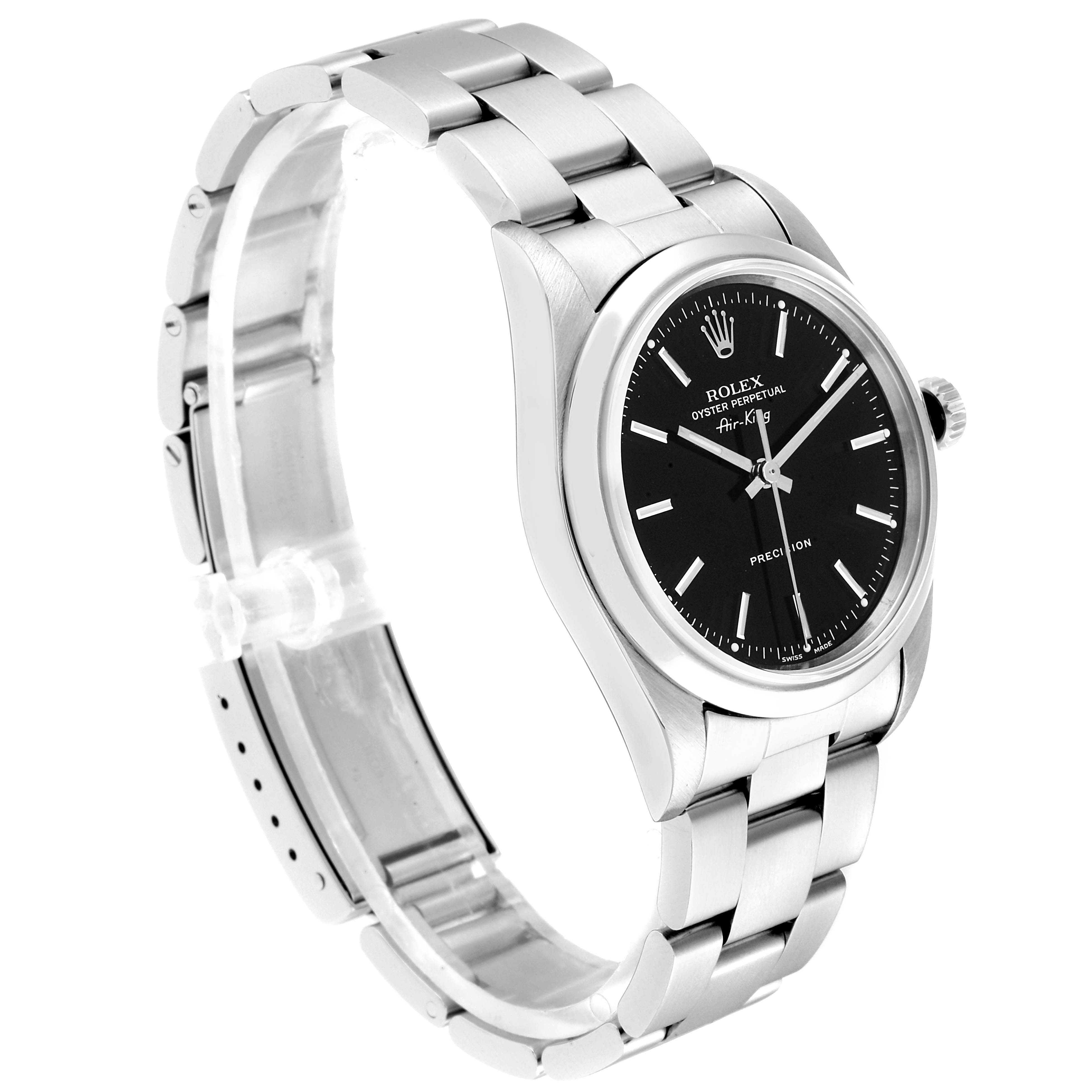 The image shows a Rolex Air-King 14000 Men's Stainless Steel Black Dial 14000 Men's Stainless Steel Black Dial watch at a slight angle, highlighting the face, bezel, and stainless steel bracelet.