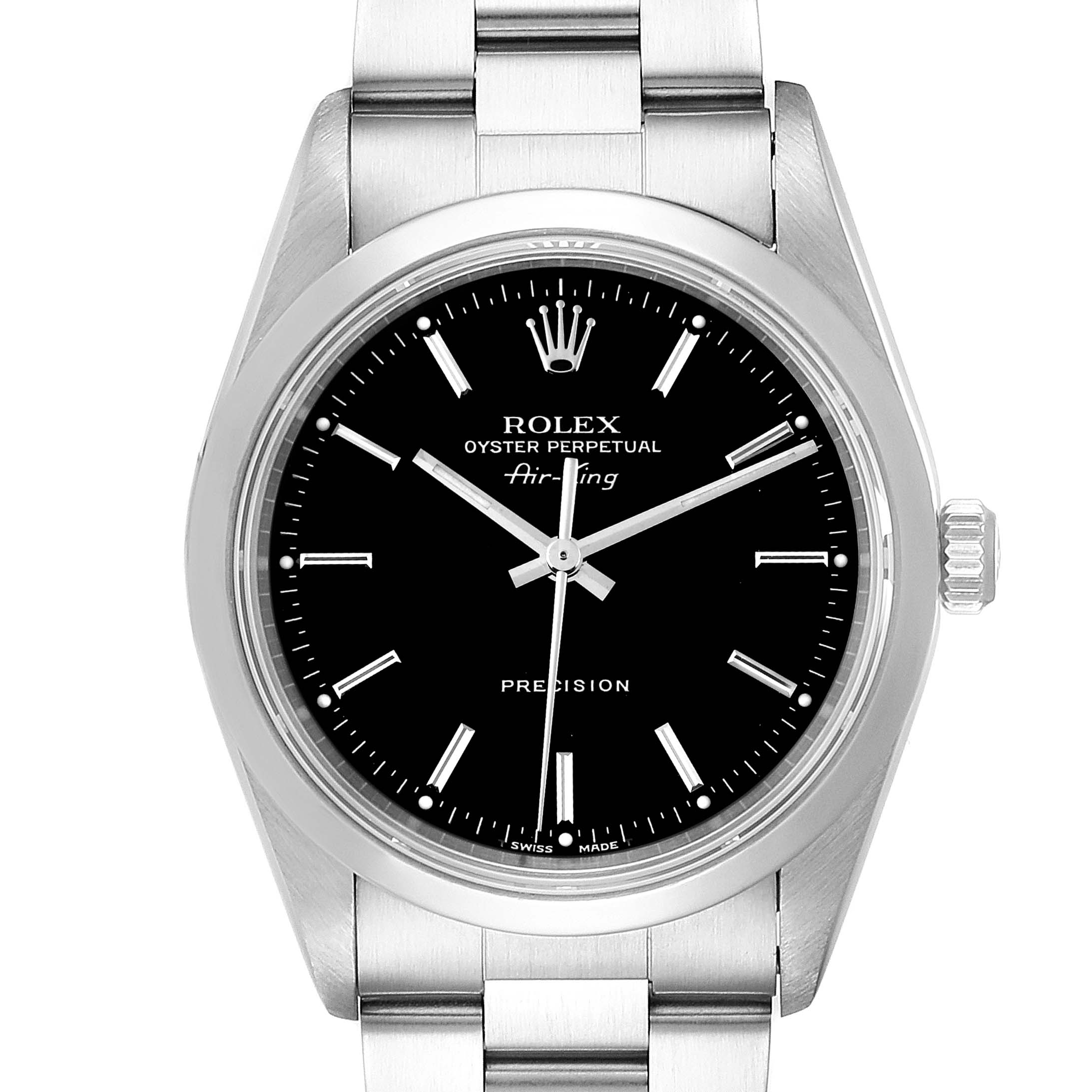 This image shows a front view of a Rolex Air-King 14000 Men's Stainless Steel Black Dial 14000 Men's Stainless Steel Black Dial watch, highlighting its face, bezel, and part of the bracelet.