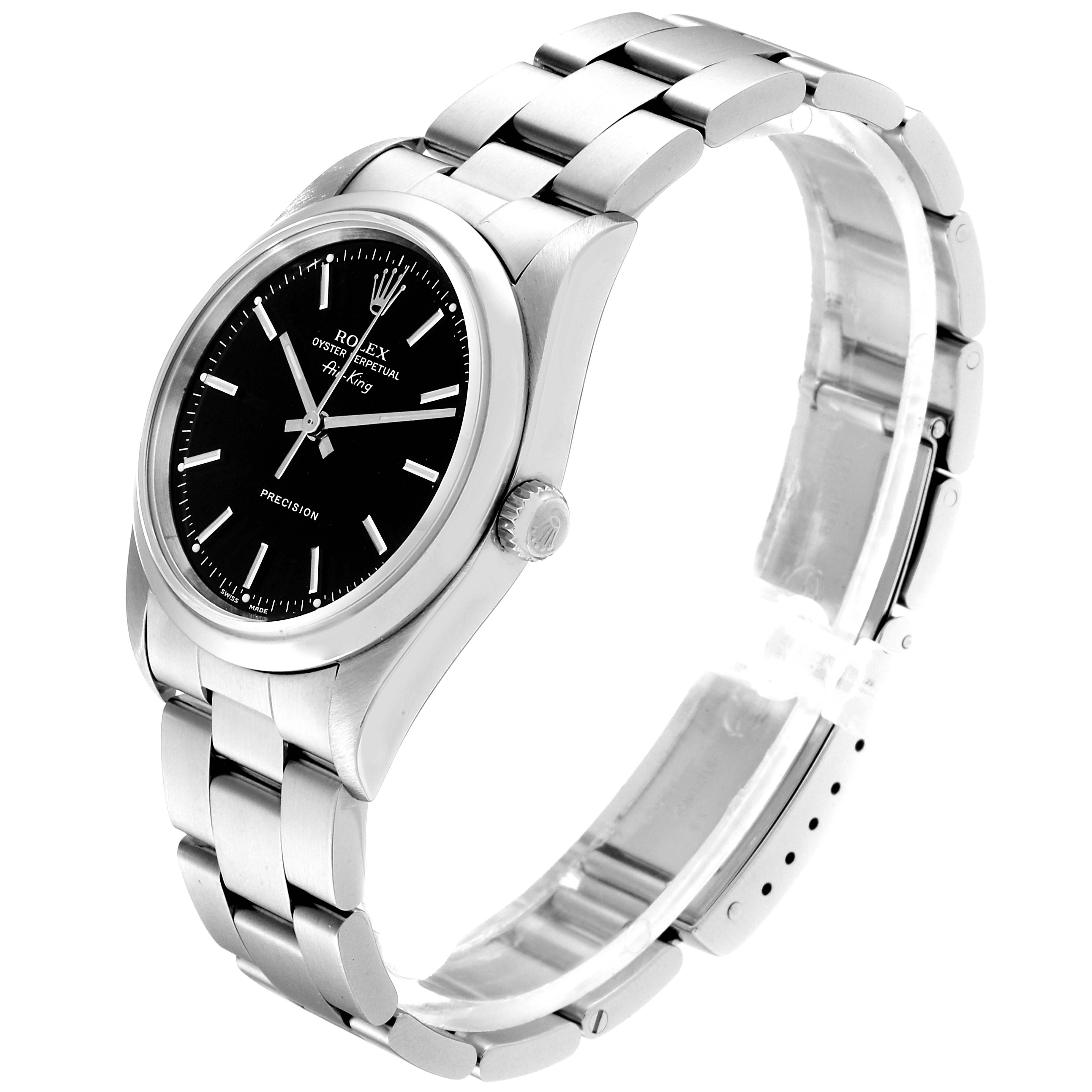 The Rolex Air-King 14000 Men's Stainless Steel Black Dial 14000 Men's Stainless Steel Black Dial watch is shown in a slight side angle, displaying its face, bracelet, and crown.