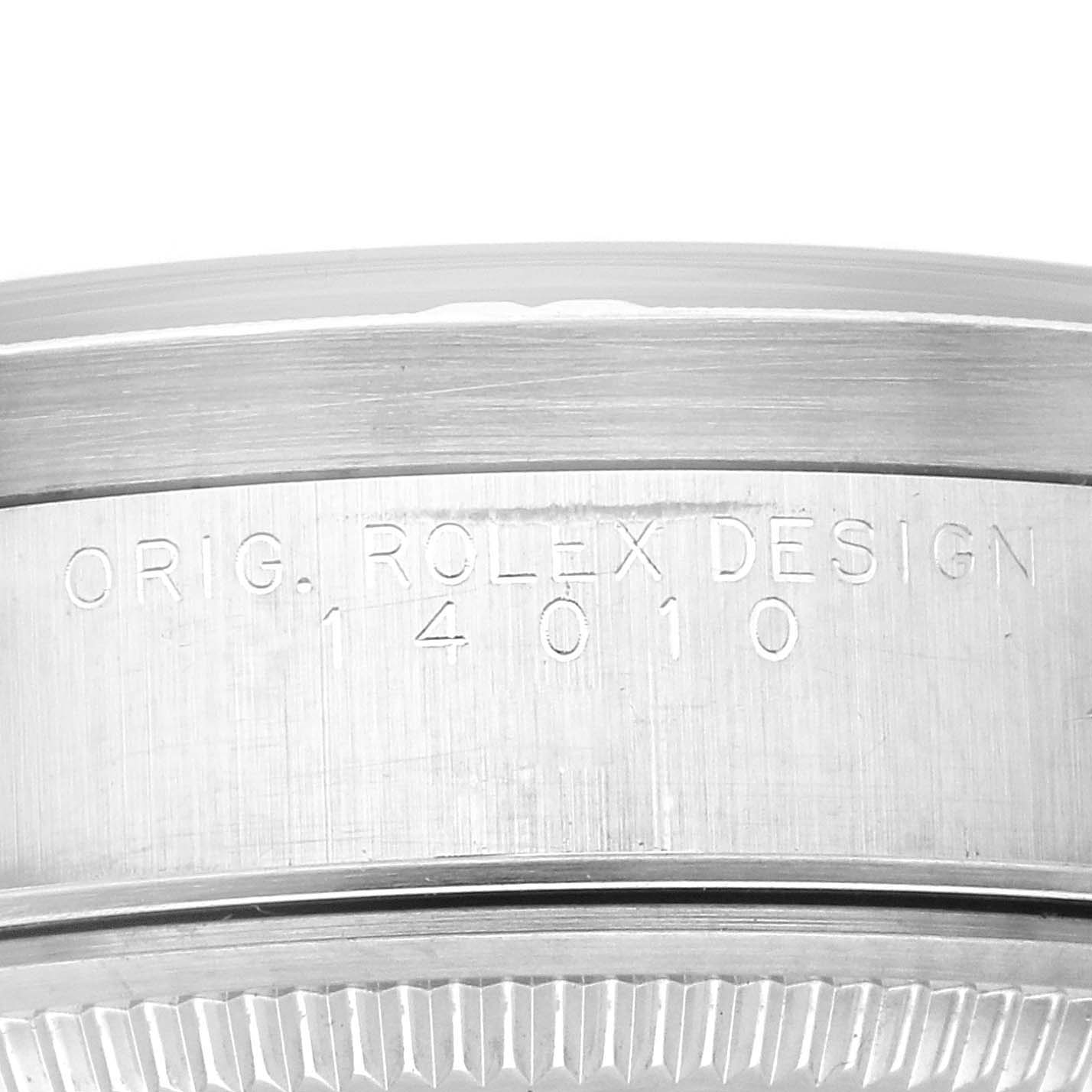 This image shows a close-up of the case back and edge of the bezel of a Rolex Air-King 14010 Men's Stainless Steel Blue Dial 14010 Men's Stainless Steel Blue Dial watch, displaying the model number.