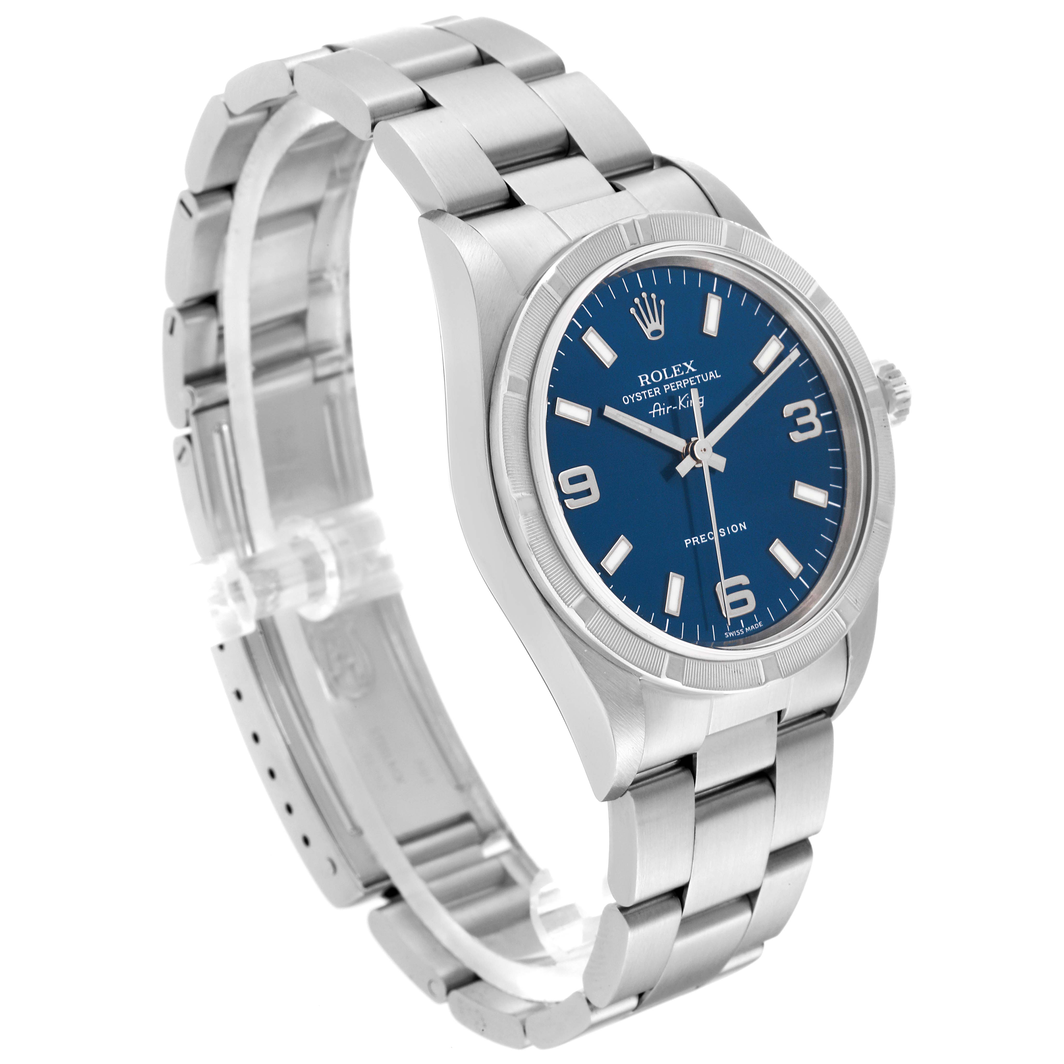 The image shows a side angle of the Rolex Air-King 14010 Men's Stainless Steel Blue Dial 14010 Men's Stainless Steel Blue Dial watch, highlighting its blue dial, stainless steel case, and bracelet.