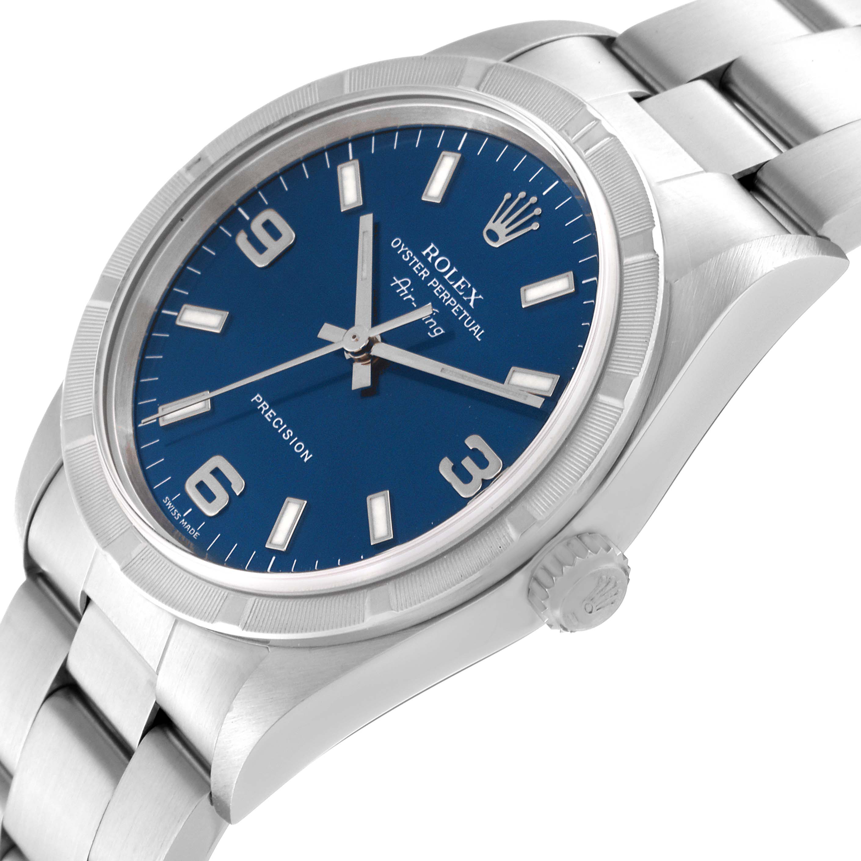 The Rolex Air-King 14010 Men's Stainless Steel Blue Dial 14010 Men's Stainless Steel Blue Dial watch is shown at a tilted angle displaying the face, bezel, crown, and part of the bracelet.