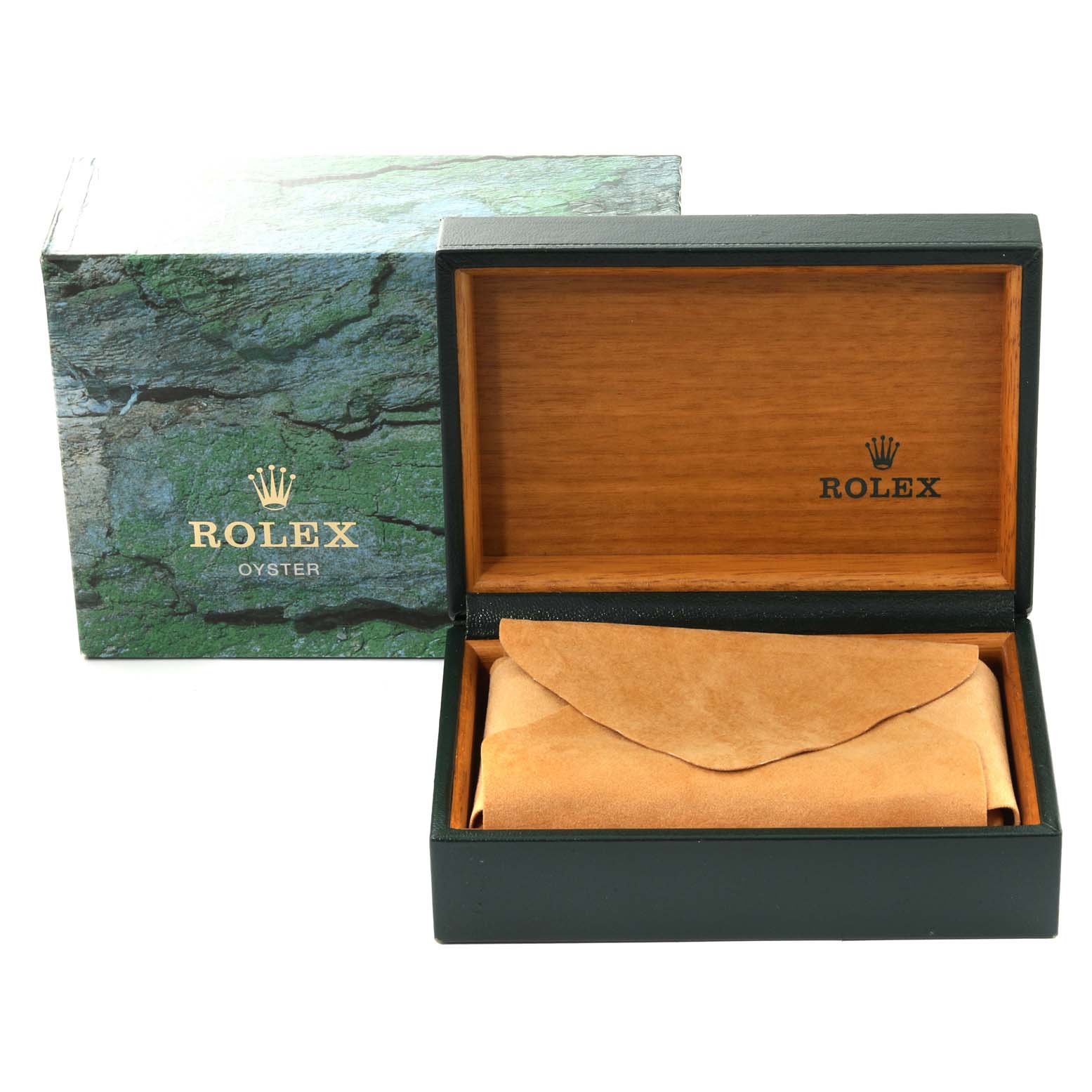 The image shows a Rolex Air-King 14010 Men's Stainless Steel Blue Dial 14010 Men's Stainless Steel Blue Dial watch box and case, with the outer box and the interior wooden box open containing a pouch.