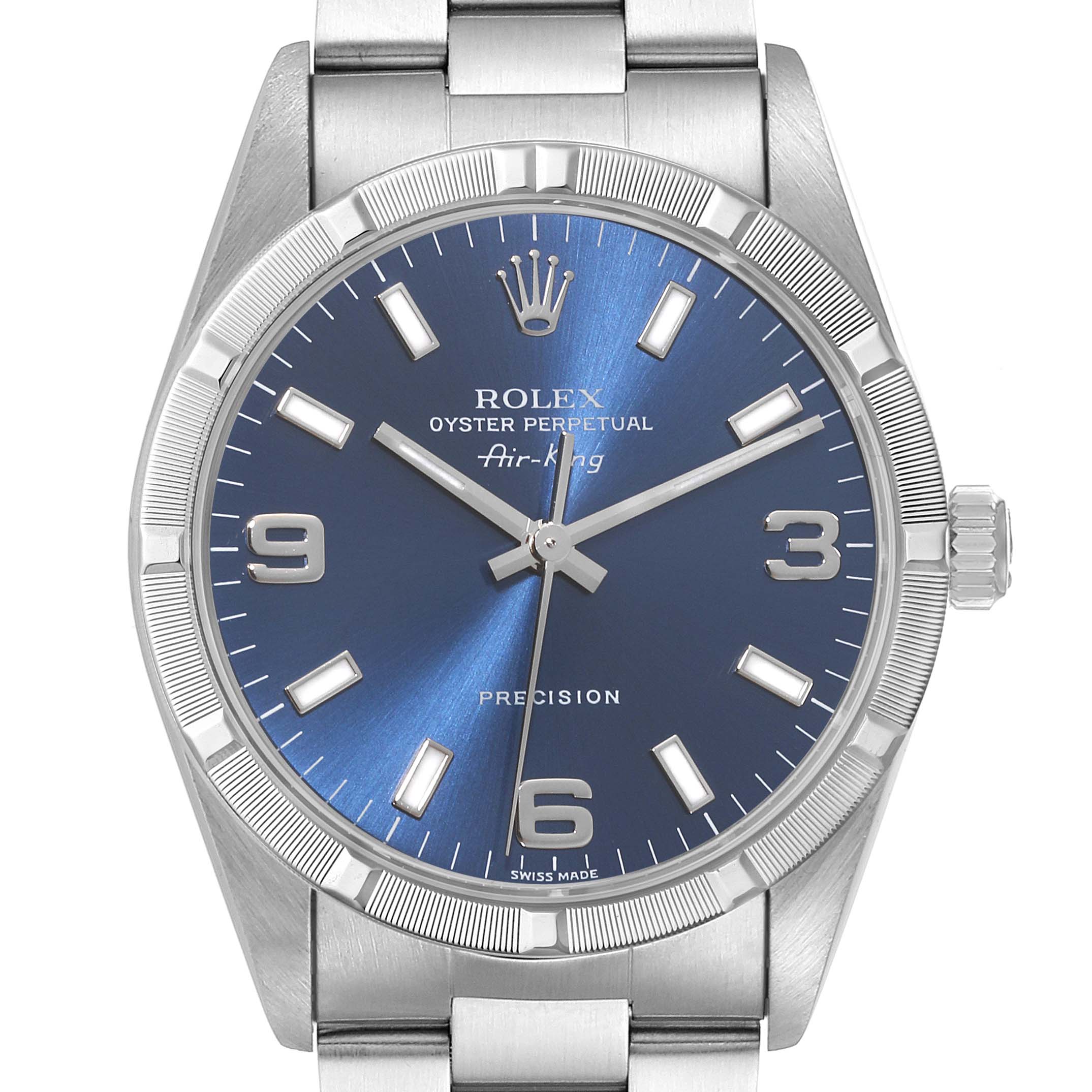 The image shows a frontal view of the Rolex Air-King 14010 Men's Stainless Steel Blue Dial 14010 Men's Stainless Steel Blue Dial watch, highlighting its blue dial and silver bracelet.
