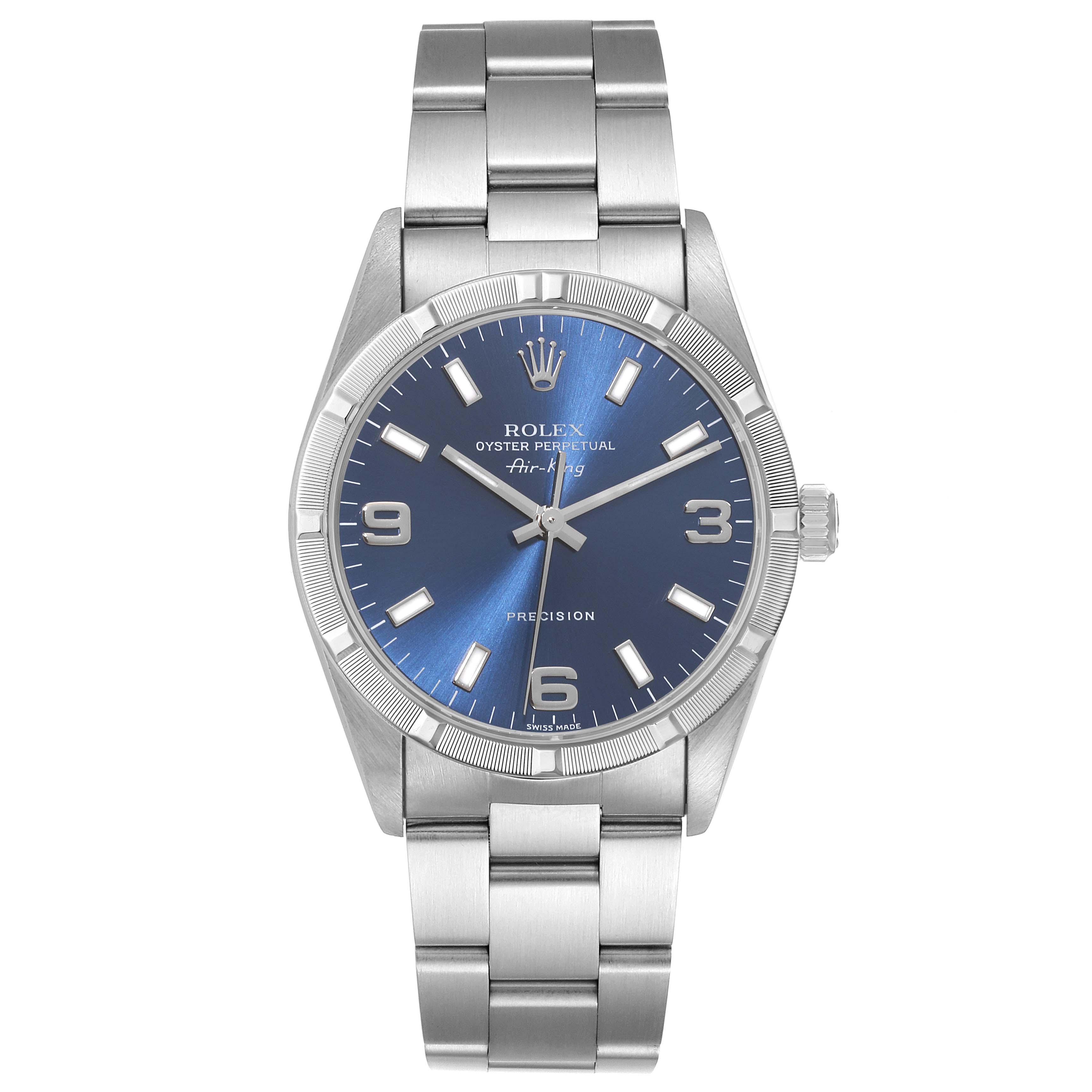 The image shows a front view of the Rolex Air-King 14010 Men's Stainless Steel Blue Dial 14010 Men's Stainless Steel Blue Dial watch, highlighting the blue dial, hour markers, hands, and full metal bracelet.